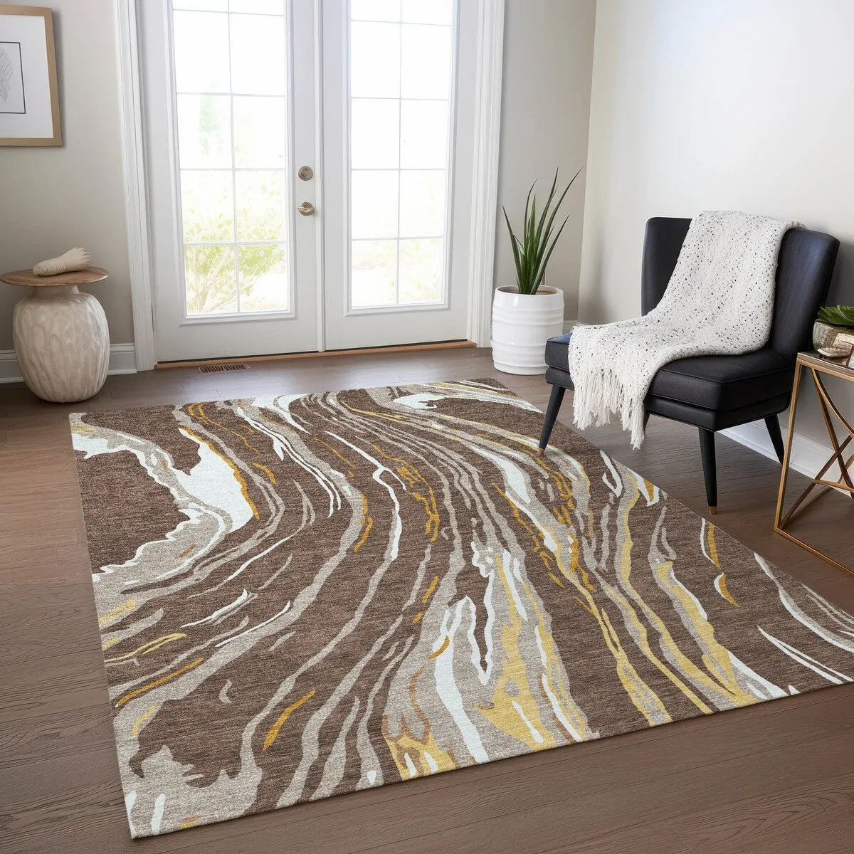 Machine Washable Indoor/ Outdoor Modern Wave Chantille Rug