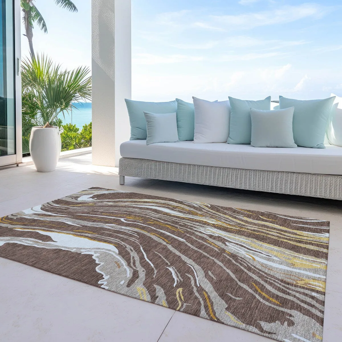 Machine Washable Indoor/ Outdoor Modern Wave Chantille Rug