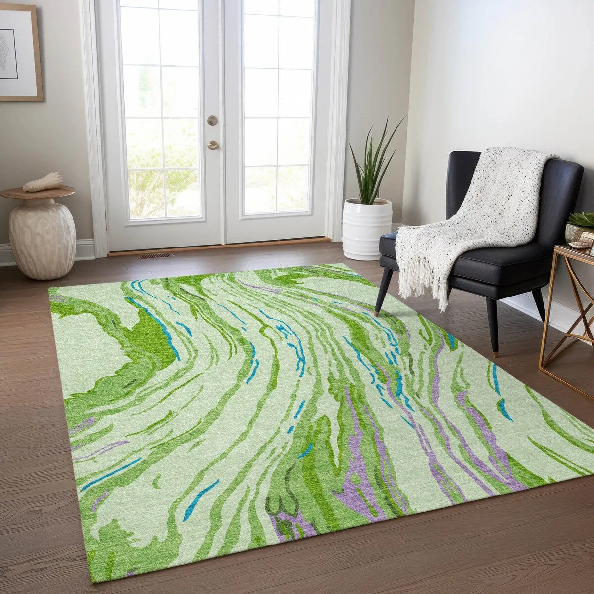 Machine Washable Indoor/ Outdoor Modern Wave Chantille Rug