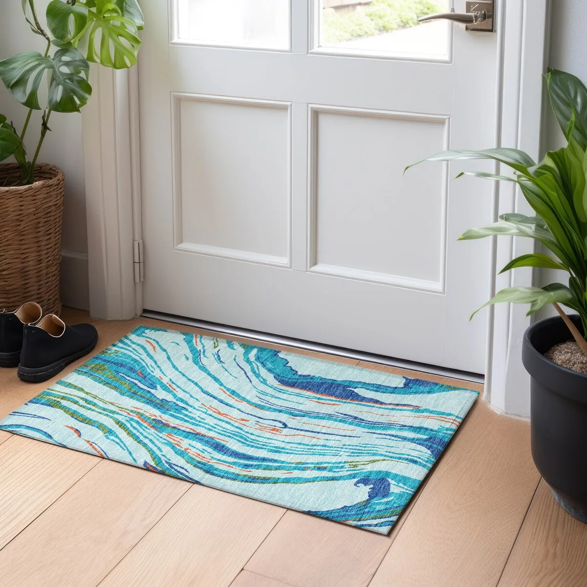 Machine Washable Indoor/ Outdoor Modern Wave Chantille Rug
