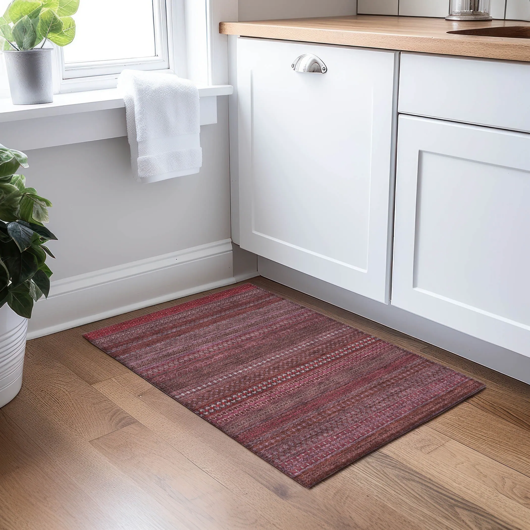 Machine Washable Indoor/ Outdoor Moroccan Stripes Chantille Rug