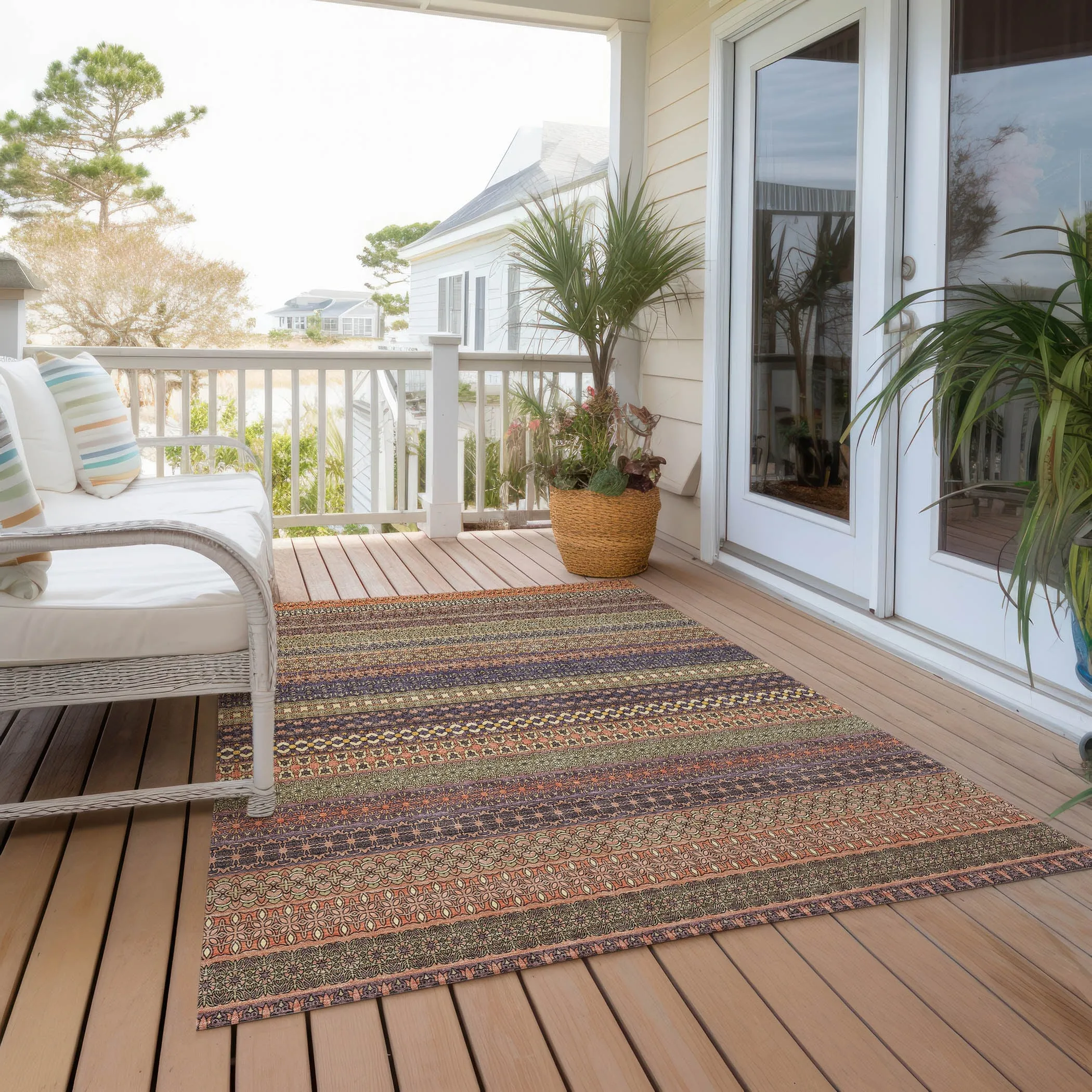 Machine Washable Indoor/ Outdoor Moroccan Stripes Chantille Rug