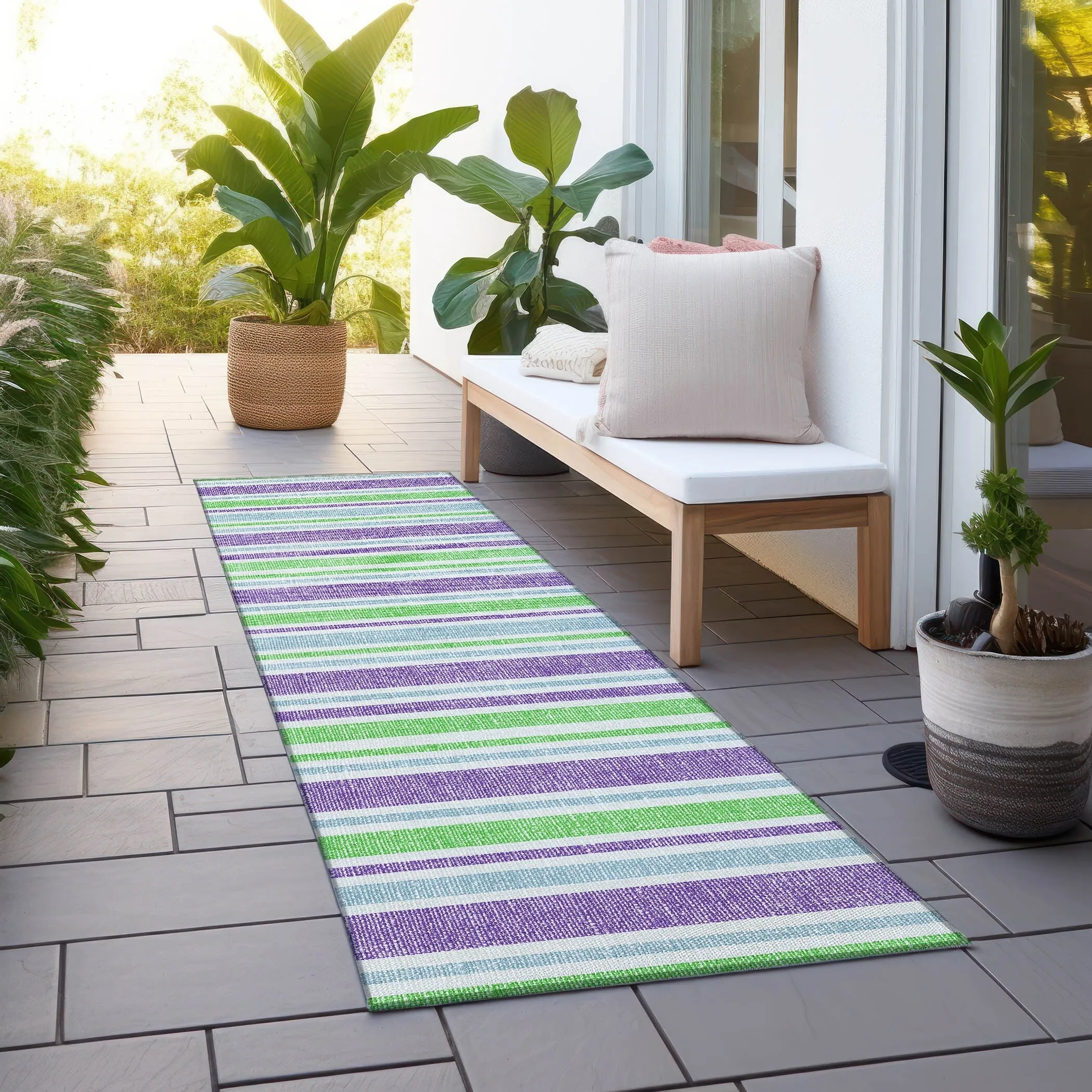 Machine Washable Indoor/ Outdoor Multi Cabana Stripe Chantille Rug