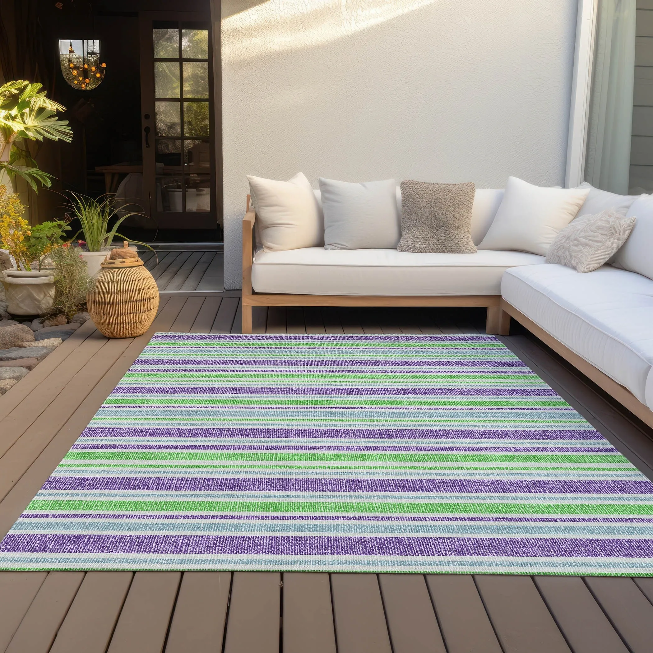 Machine Washable Indoor/ Outdoor Multi Cabana Stripe Chantille Rug
