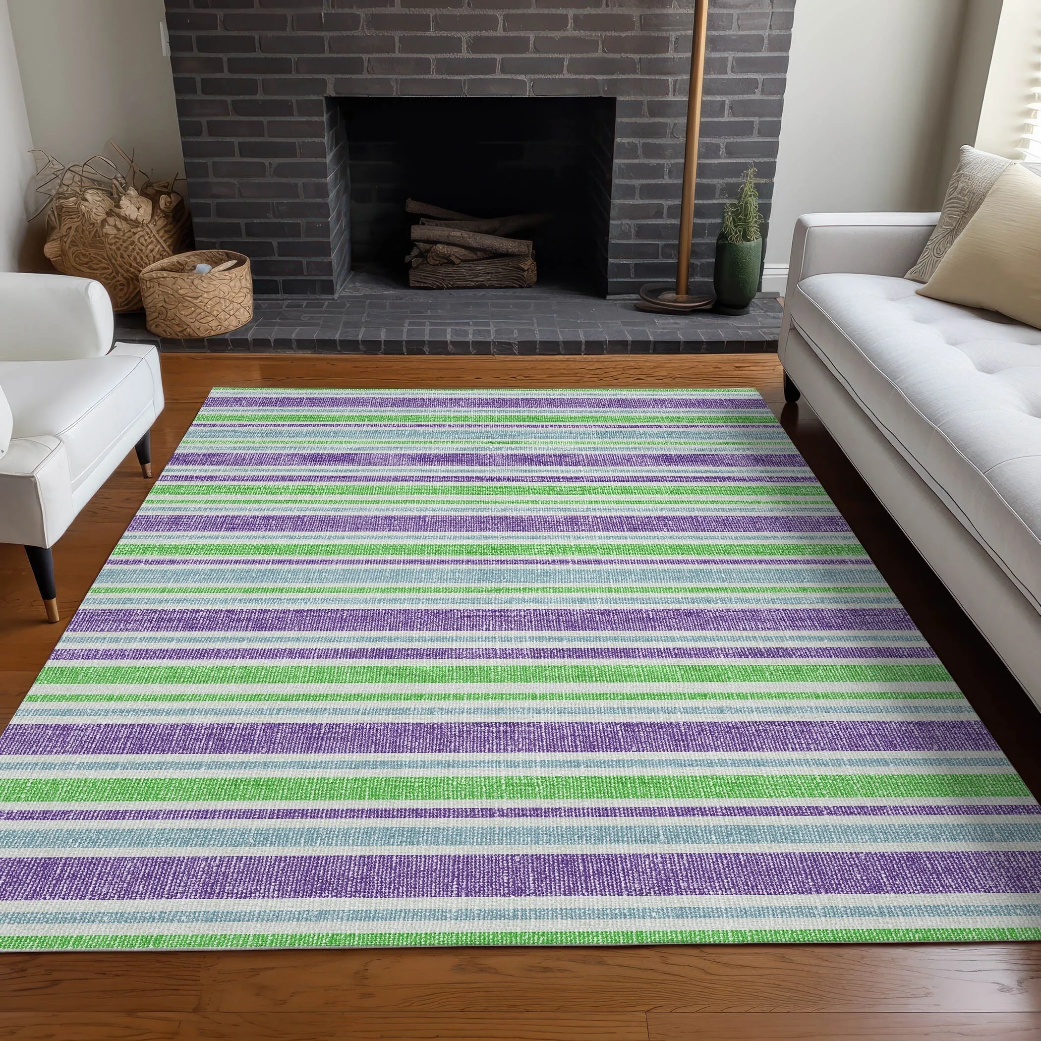Machine Washable Indoor/ Outdoor Multi Cabana Stripe Chantille Rug