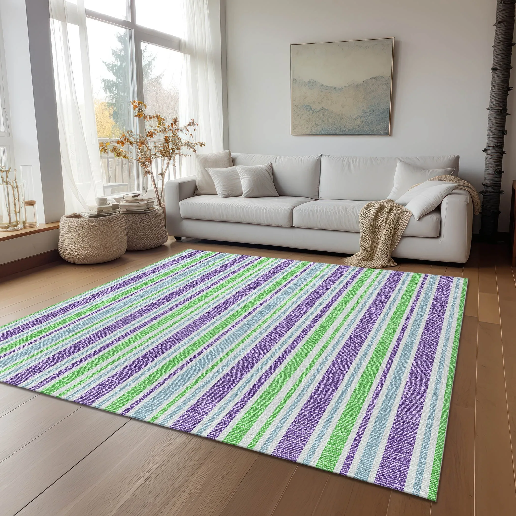 Machine Washable Indoor/ Outdoor Multi Cabana Stripe Chantille Rug
