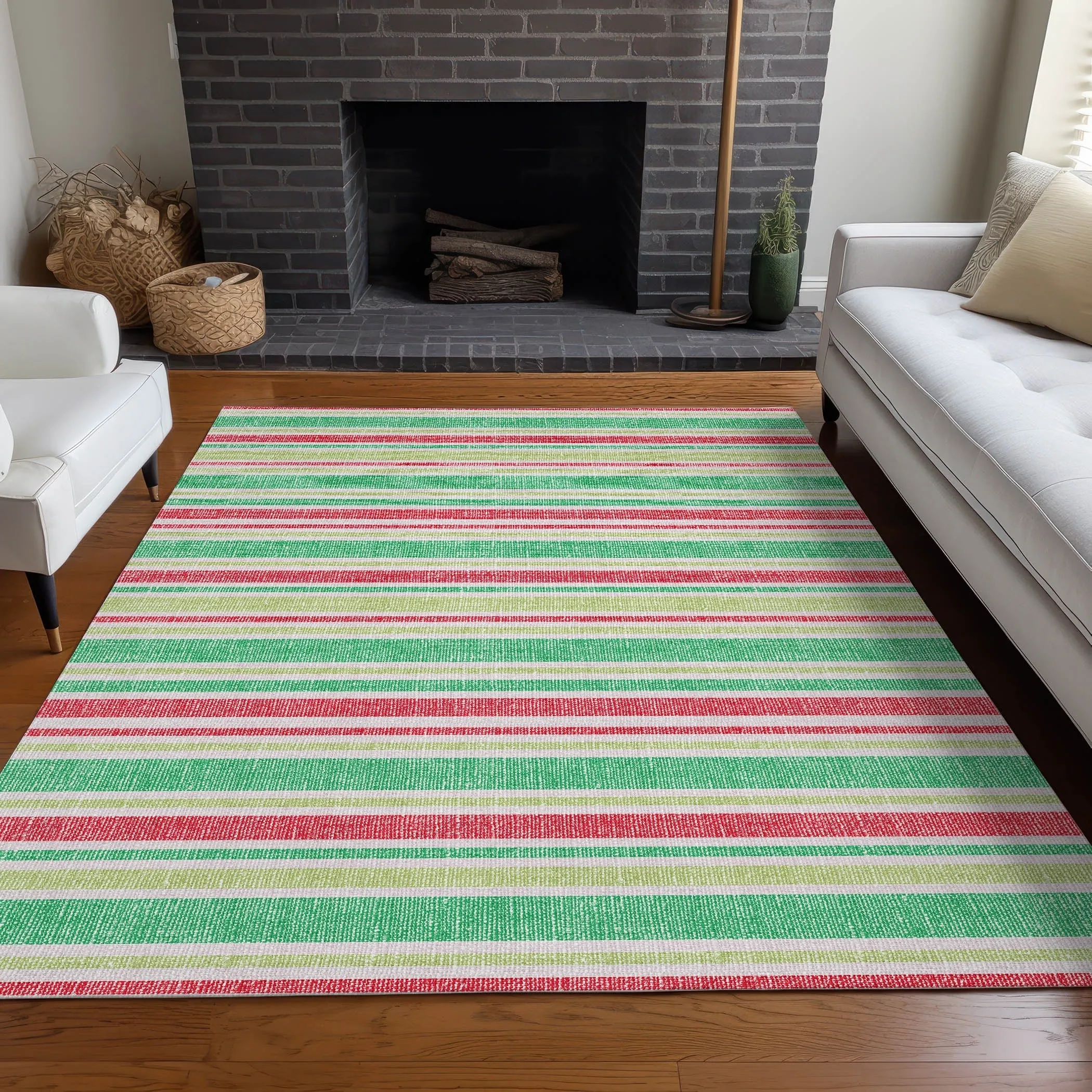 Machine Washable Indoor/ Outdoor Multi Cabana Stripe Chantille Rug