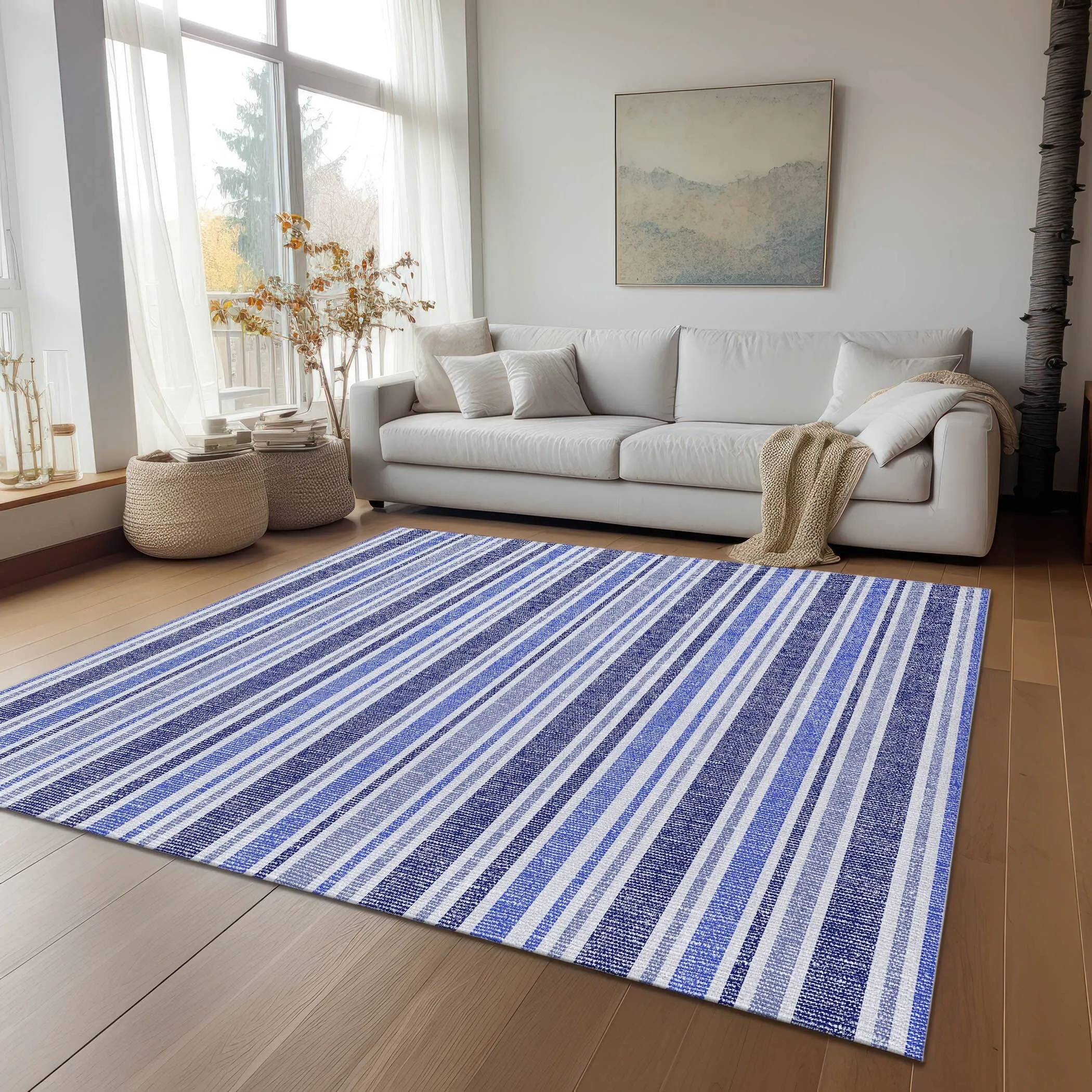 Machine Washable Indoor/ Outdoor Multi Cabana Stripe Chantille Rug