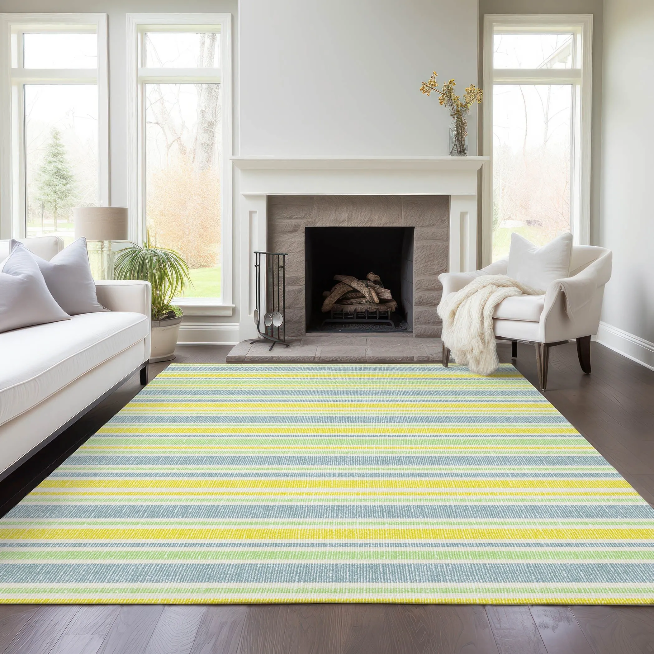 Machine Washable Indoor/ Outdoor Multi Cabana Stripe Chantille Rug