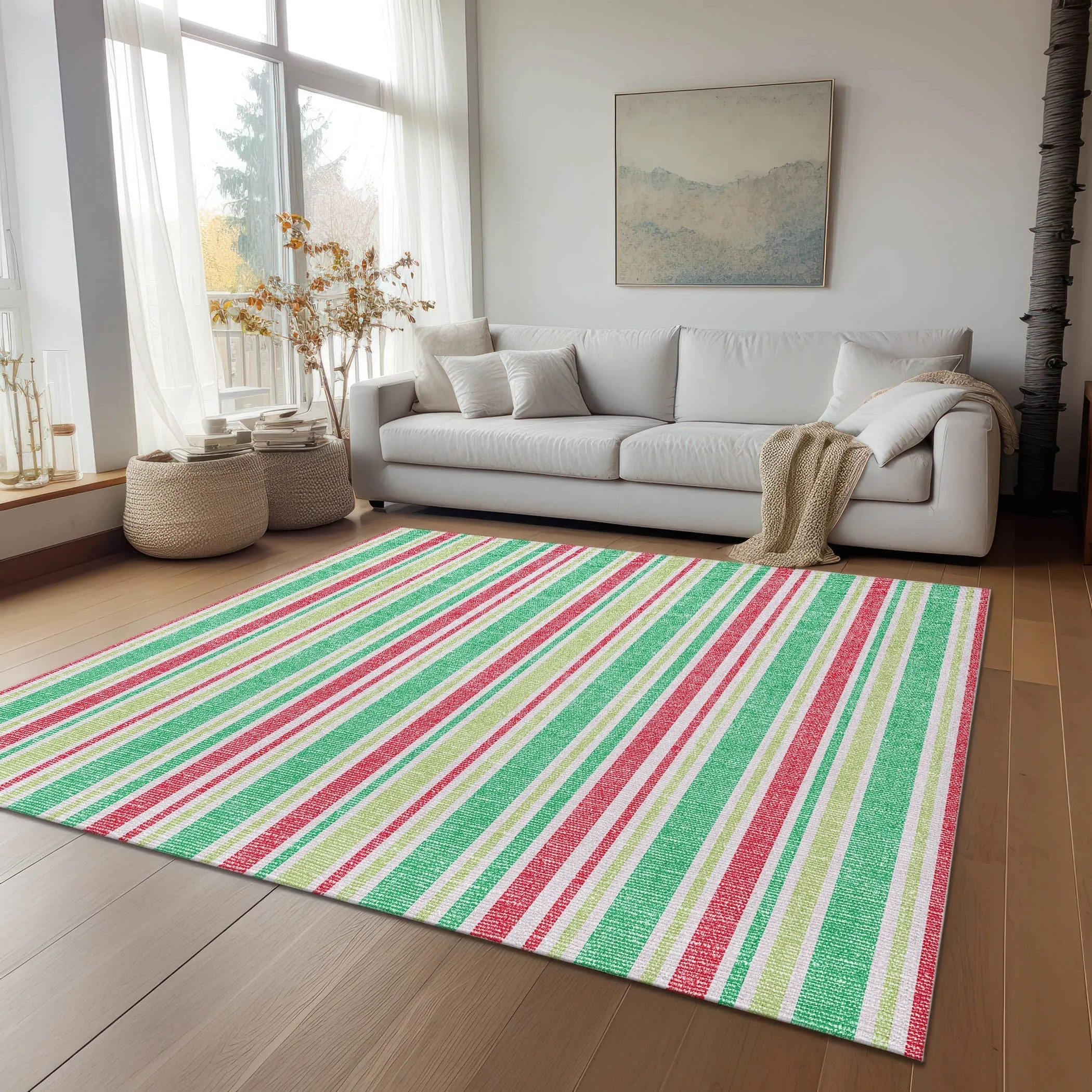 Machine Washable Indoor/ Outdoor Multi Cabana Stripe Chantille Rug