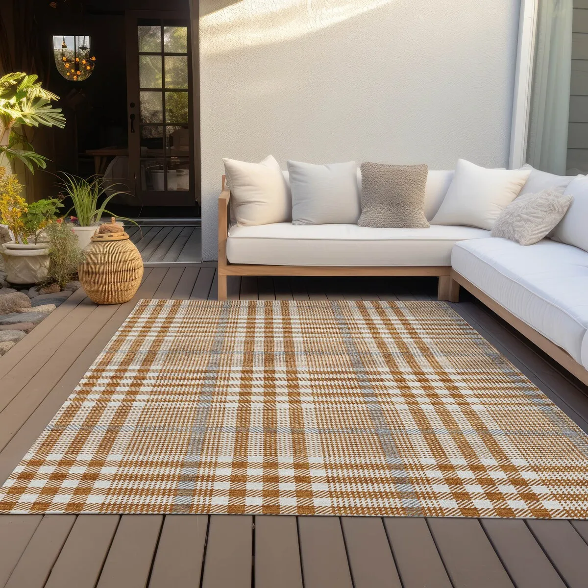 Machine Washable Indoor/ Outdoor Plaid Chantille Rug