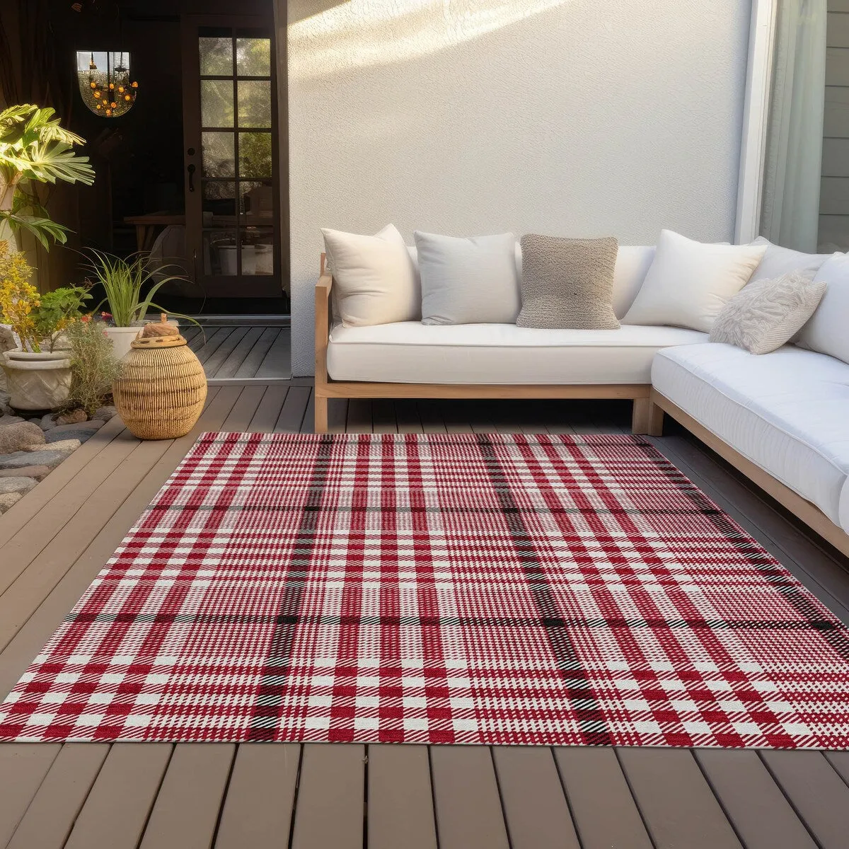 Machine Washable Indoor/ Outdoor Plaid Chantille Rug