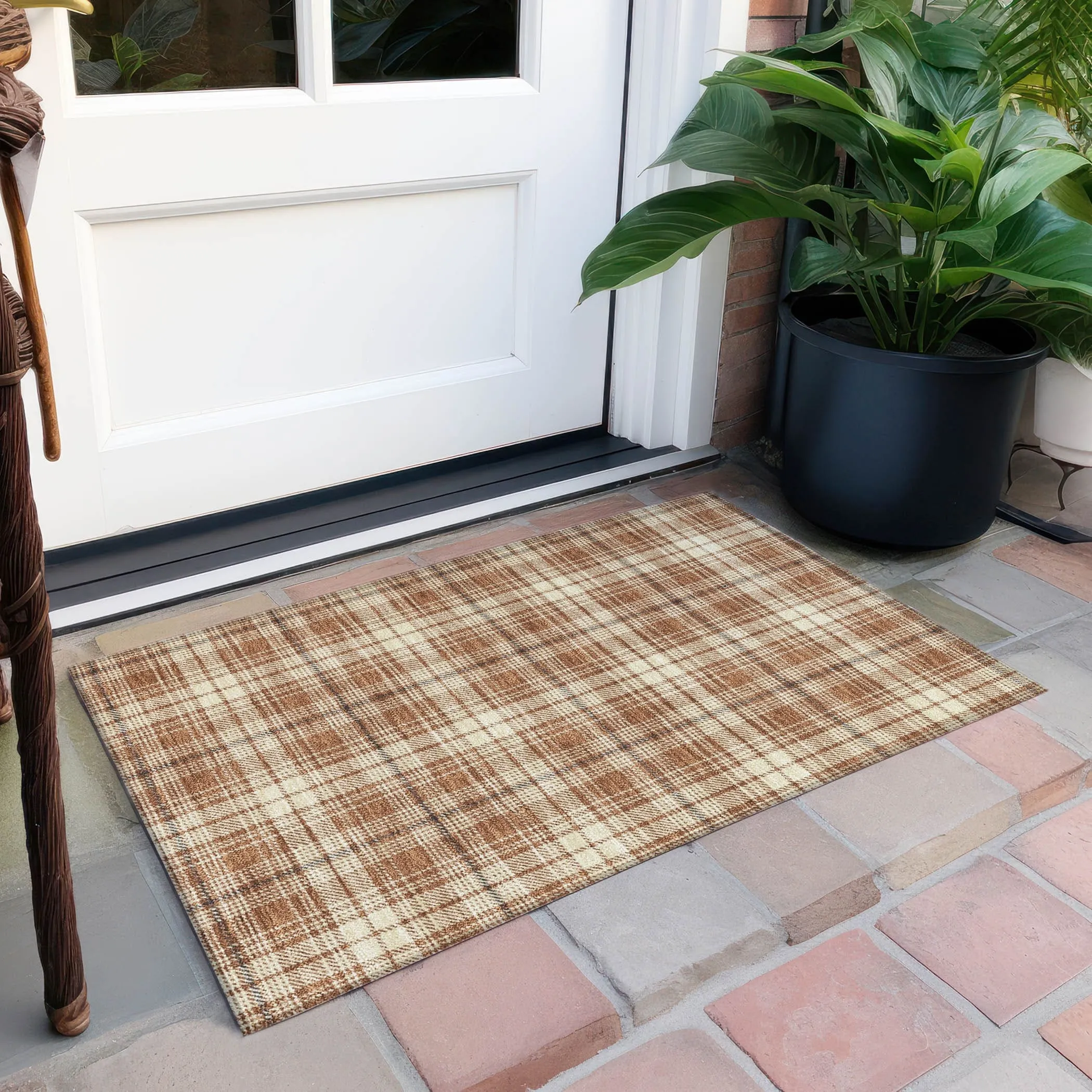 Machine Washable Indoor/ Outdoor Plaid Chantille Rug