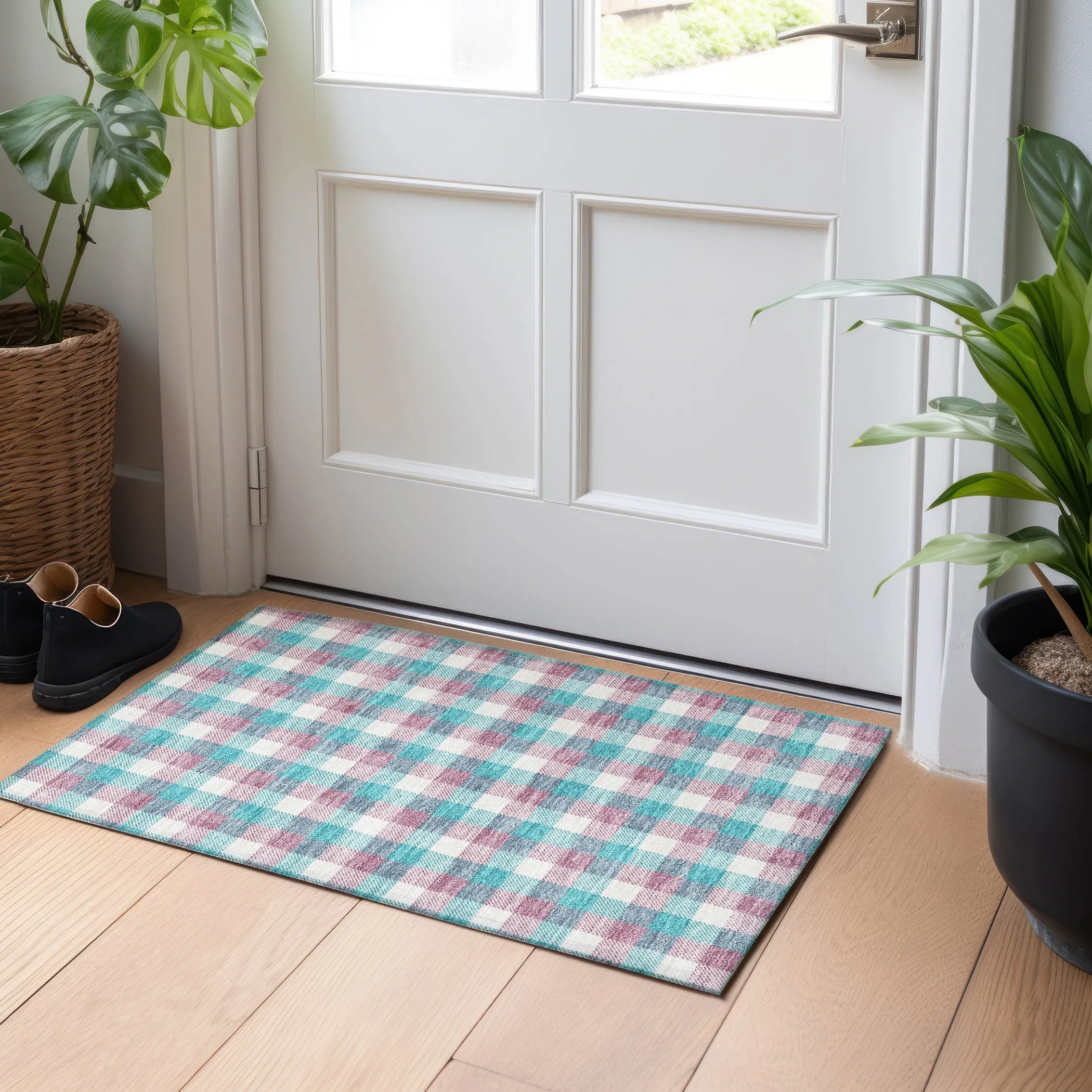 Machine Washable Indoor/ Outdoor Plaid Chantille Rug