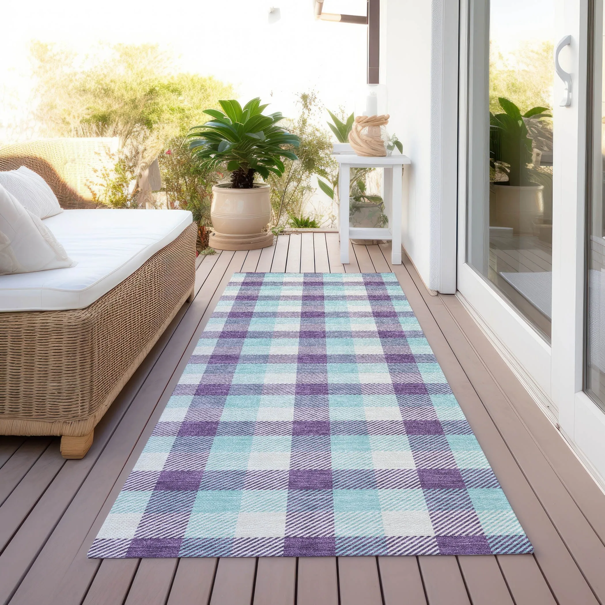 Machine Washable Indoor/ Outdoor Plaid Chantille Rug