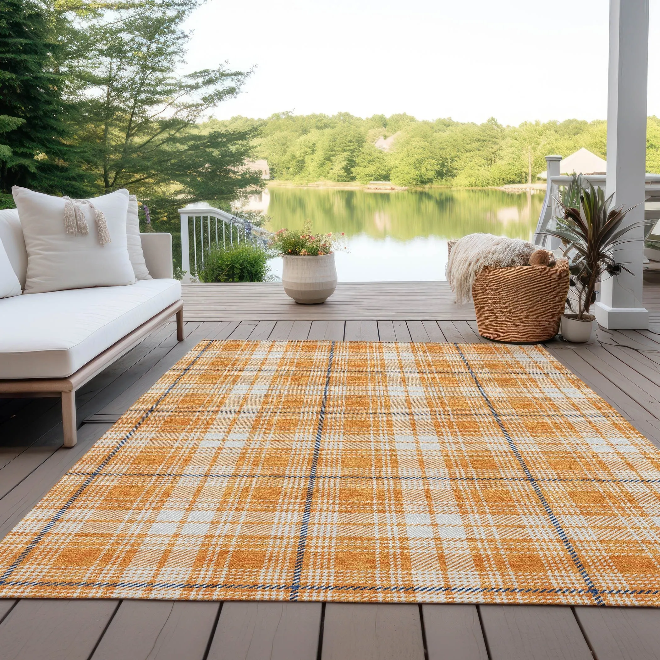 Machine Washable Indoor/ Outdoor Plaid Chantille Rug