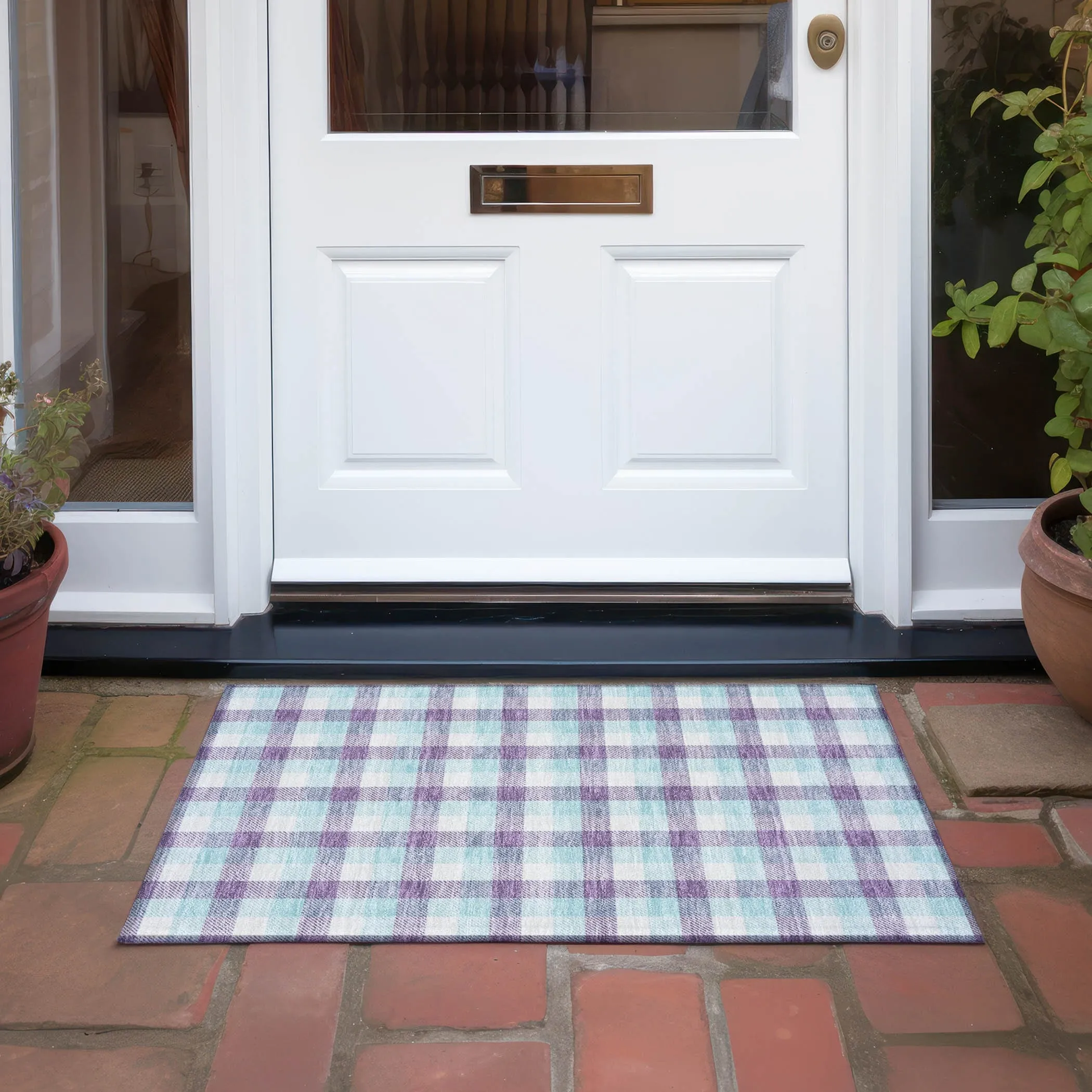 Machine Washable Indoor/ Outdoor Plaid Chantille Rug