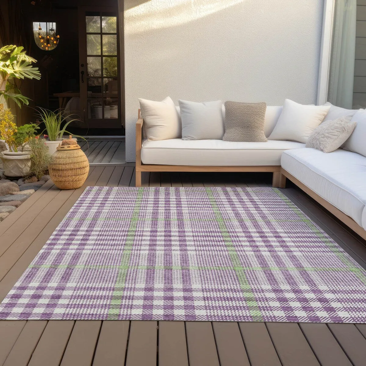 Machine Washable Indoor/ Outdoor Plaid Chantille Rug