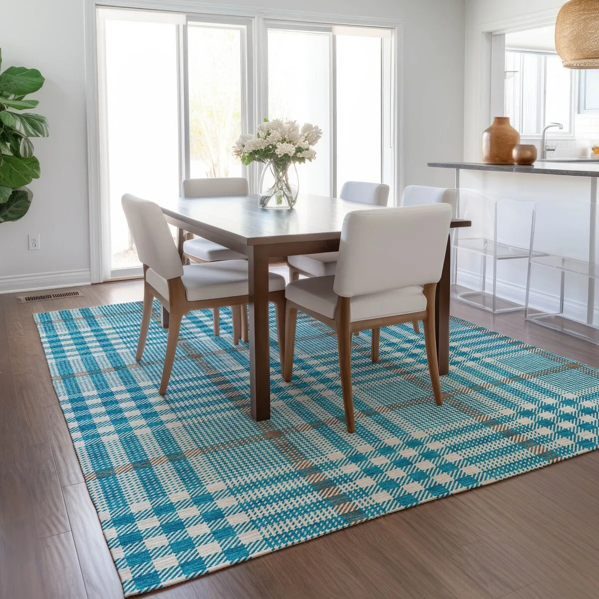 Machine Washable Indoor/ Outdoor Plaid Chantille Rug