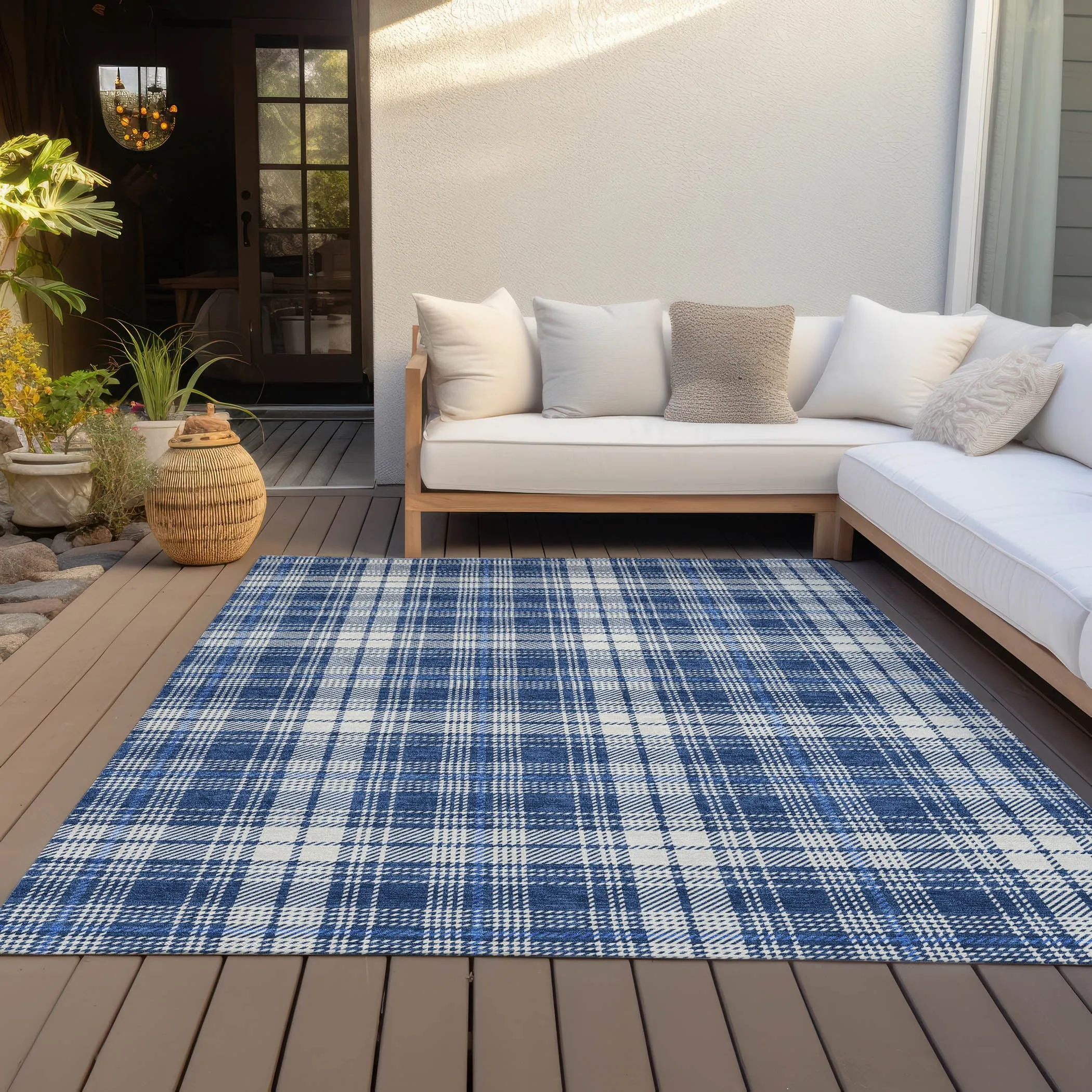 Machine Washable Indoor/ Outdoor Plaid Chantille Rug