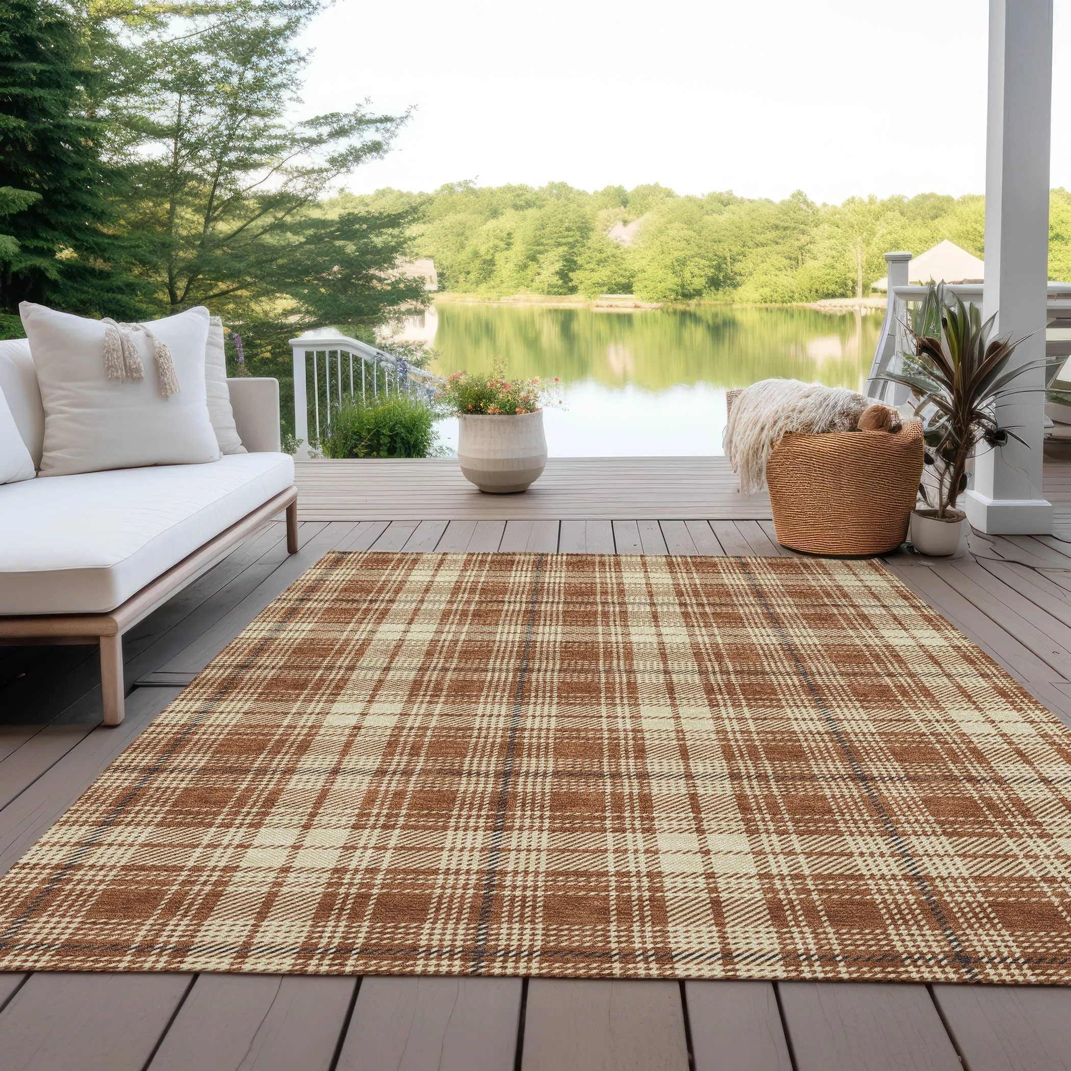 Machine Washable Indoor/ Outdoor Plaid Chantille Rug