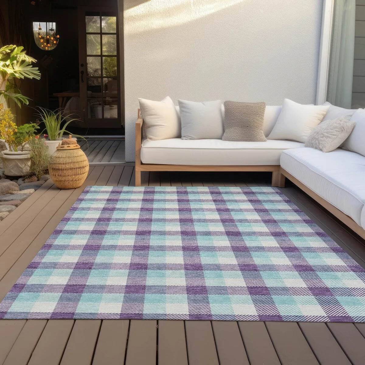 Machine Washable Indoor/ Outdoor Plaid Chantille Rug