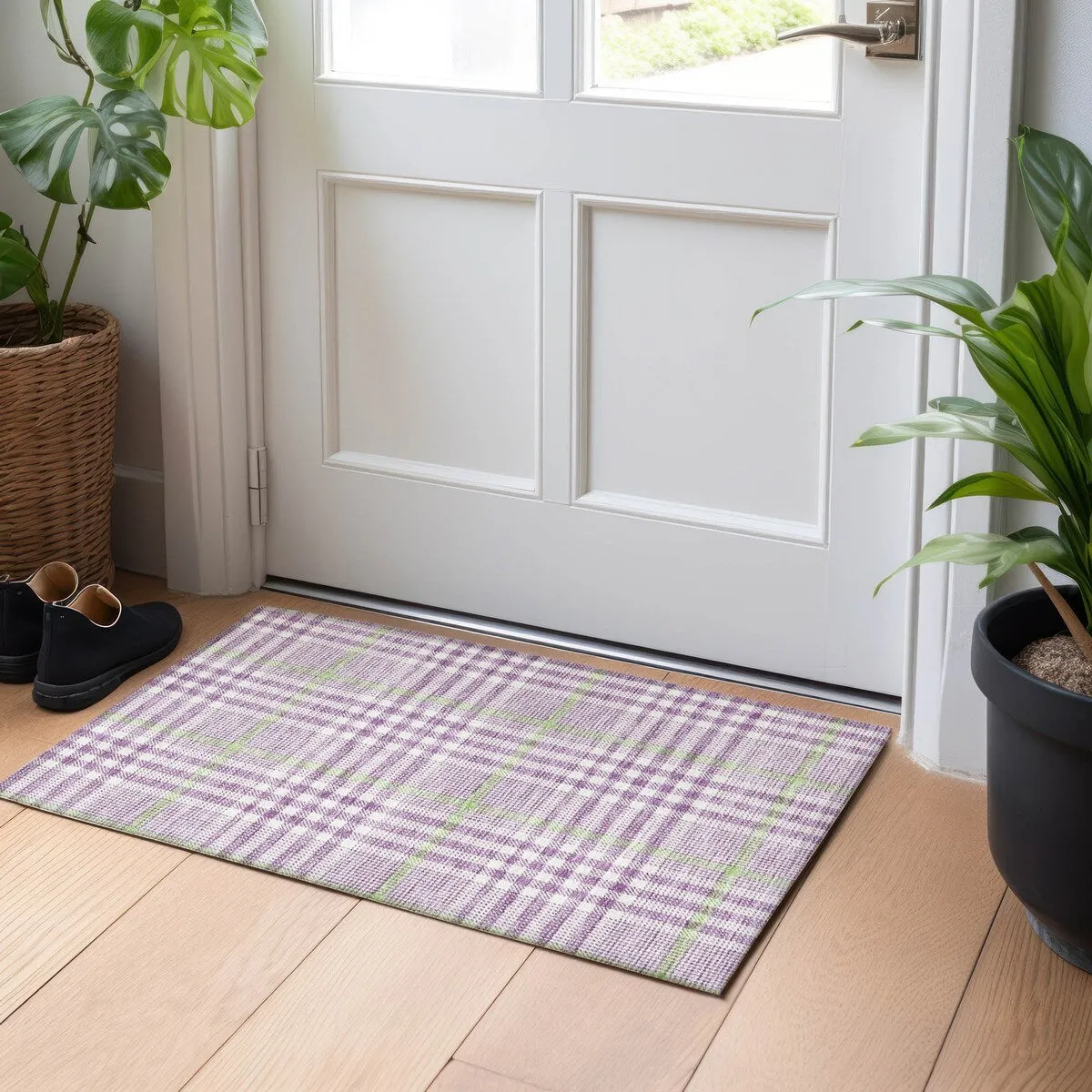 Machine Washable Indoor/ Outdoor Plaid Chantille Rug