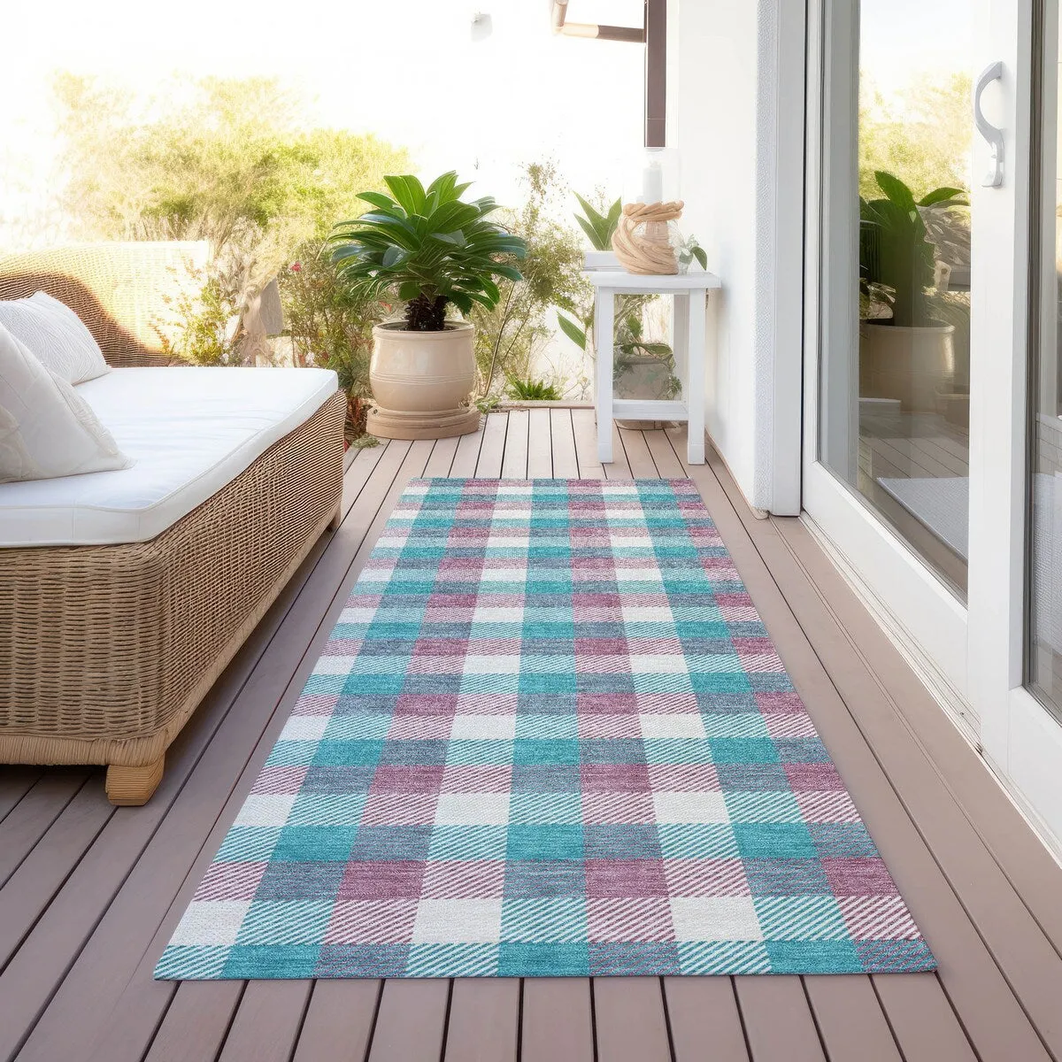 Machine Washable Indoor/ Outdoor Plaid Chantille Rug