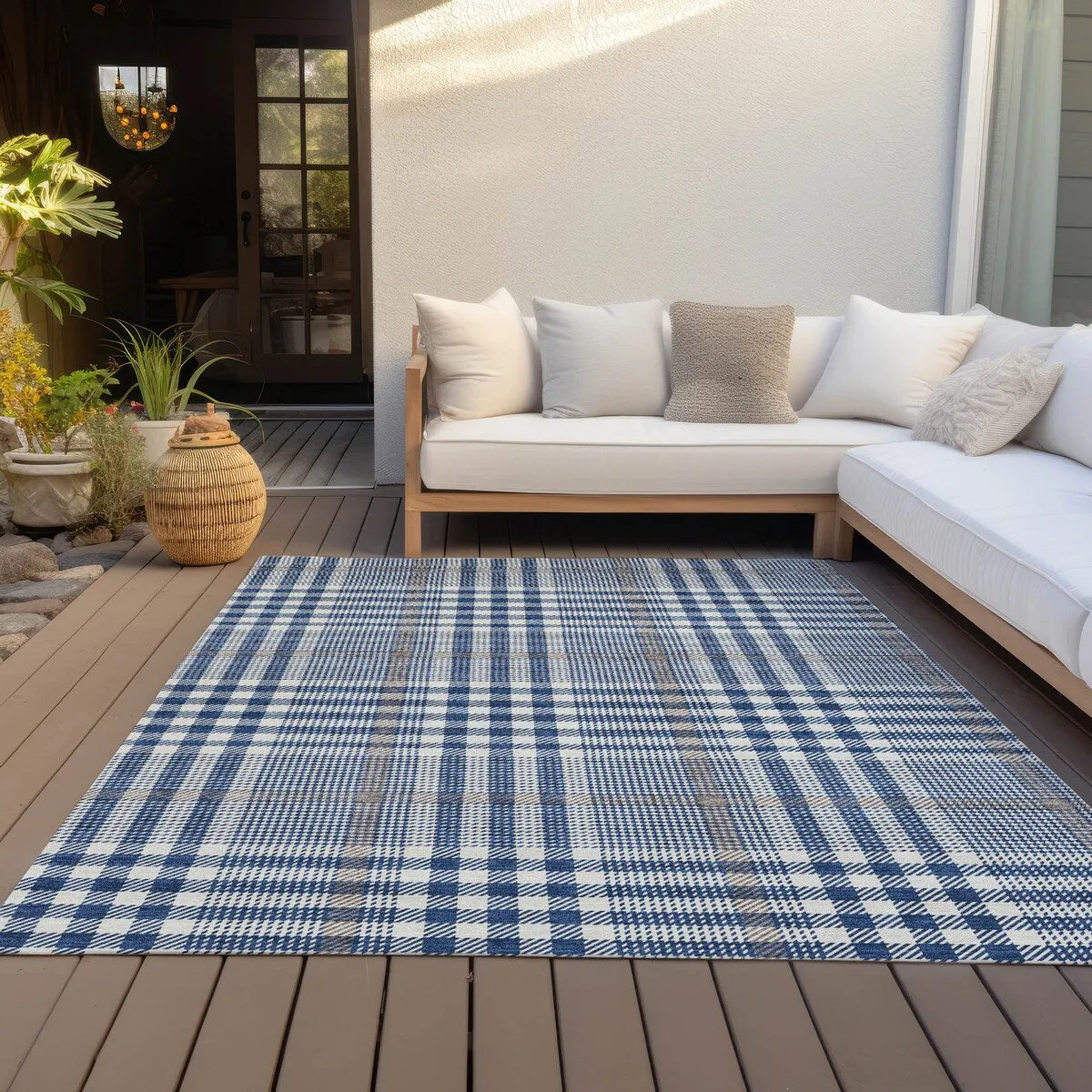 Machine Washable Indoor/ Outdoor Plaid Chantille Rug