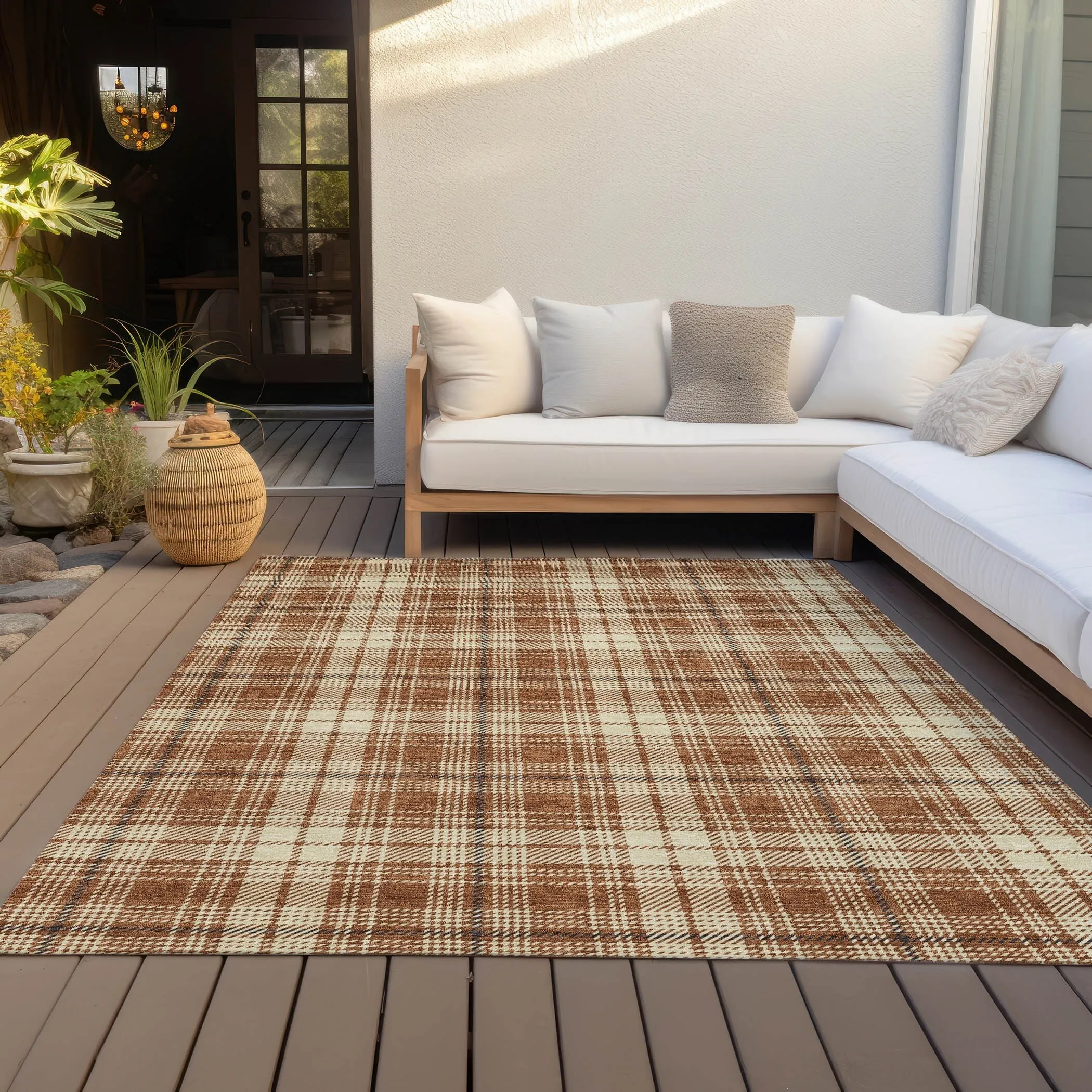 Machine Washable Indoor/ Outdoor Plaid Chantille Rug