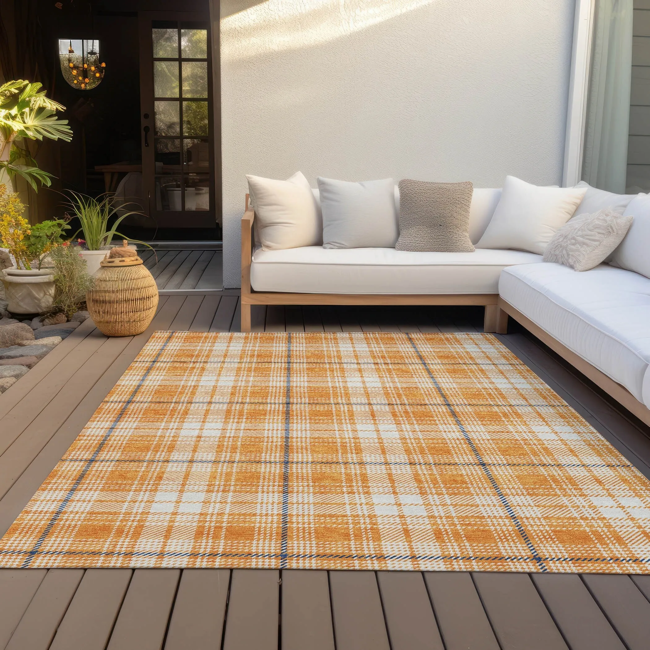 Machine Washable Indoor/ Outdoor Plaid Chantille Rug