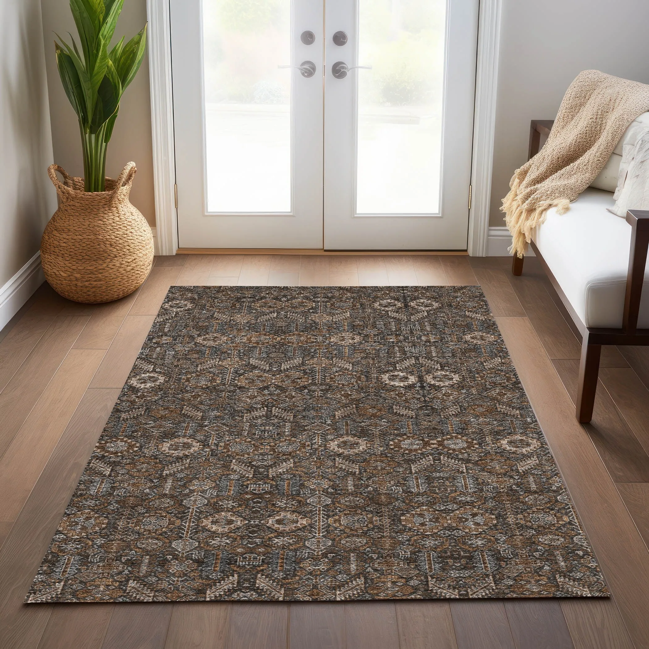 Machine Washable Indoor/ Outdoor Traditional Boho Chantille Rug