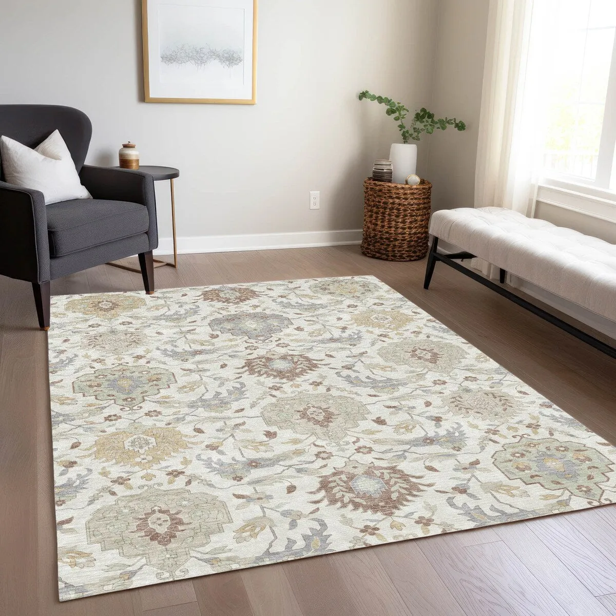 Machine Washable Indoor/ Outdoor Traditional Kashan Chantille Rug
