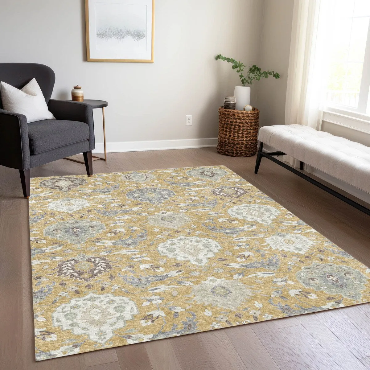 Machine Washable Indoor/ Outdoor Traditional Kashan Chantille Rug