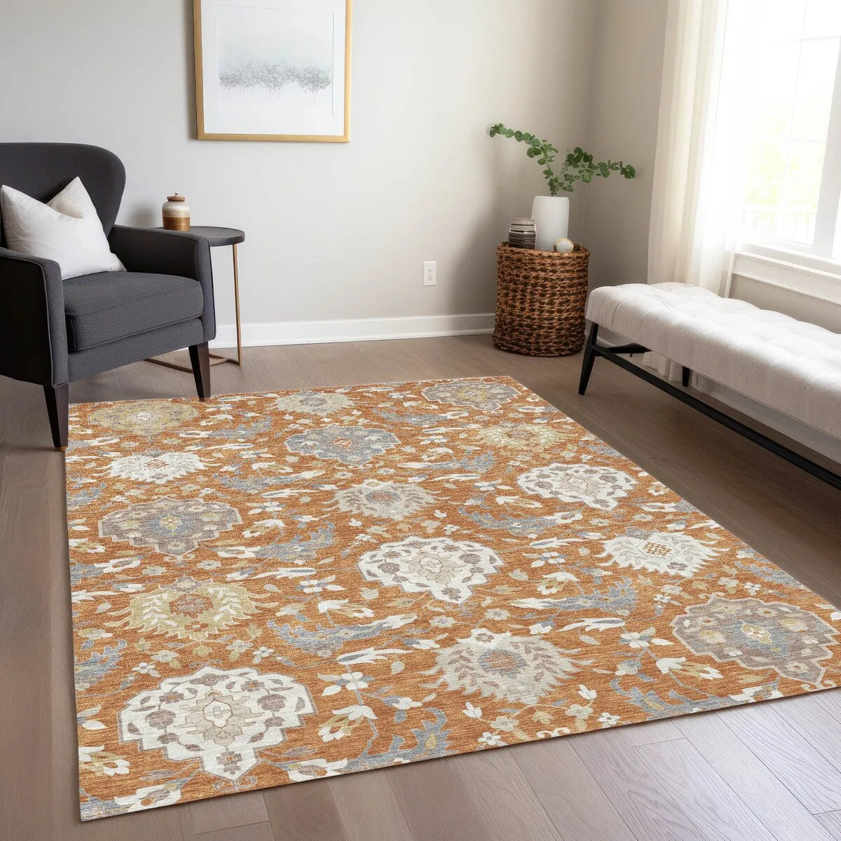 Machine Washable Indoor/ Outdoor Traditional Kashan Chantille Rug