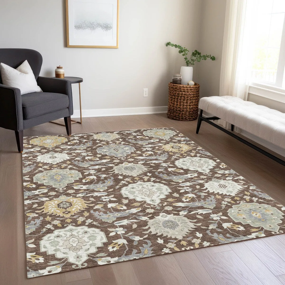 Machine Washable Indoor/ Outdoor Traditional Kashan Chantille Rug