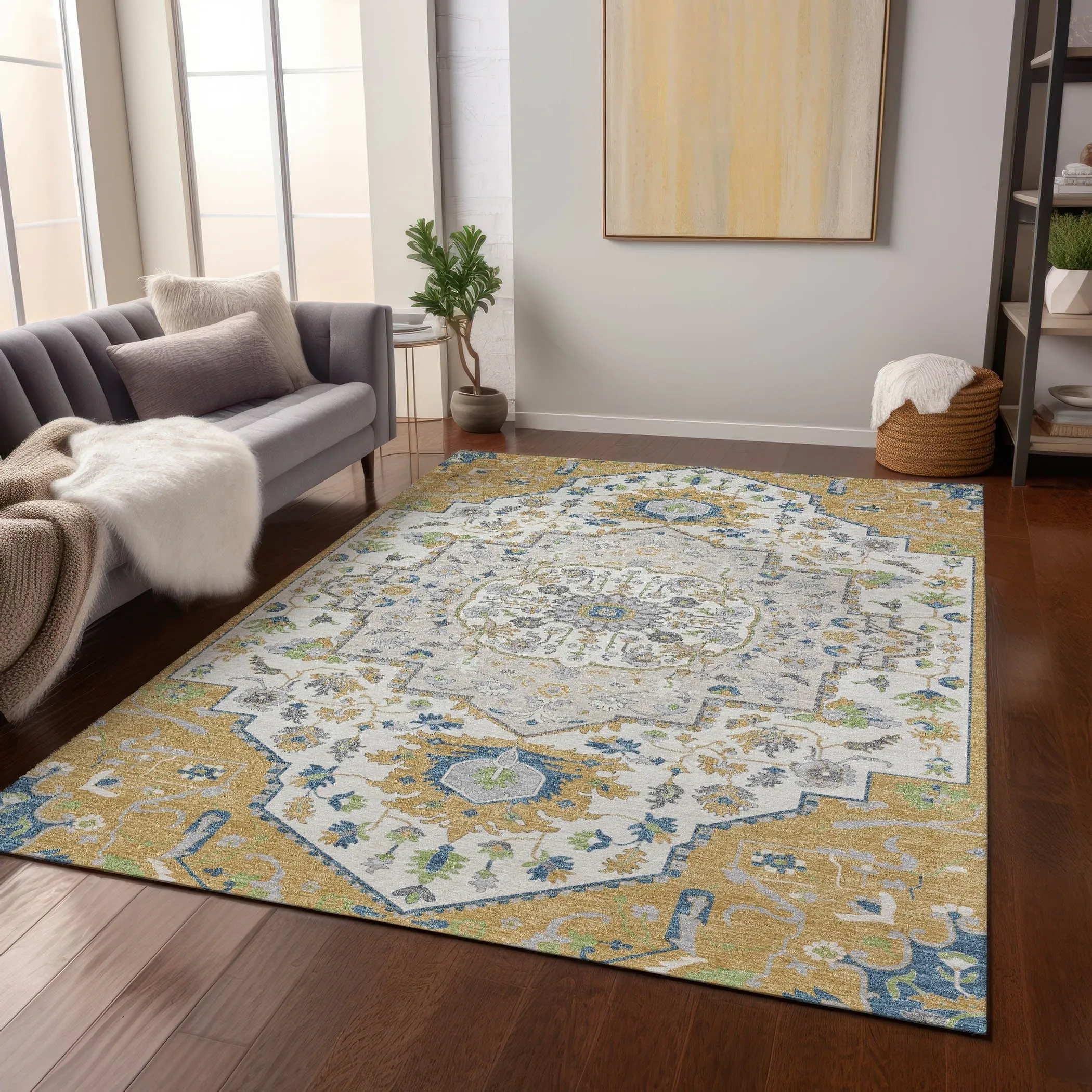Machine Washable Indoor/ Outdoor Traditional Medallion Chantille Rug
