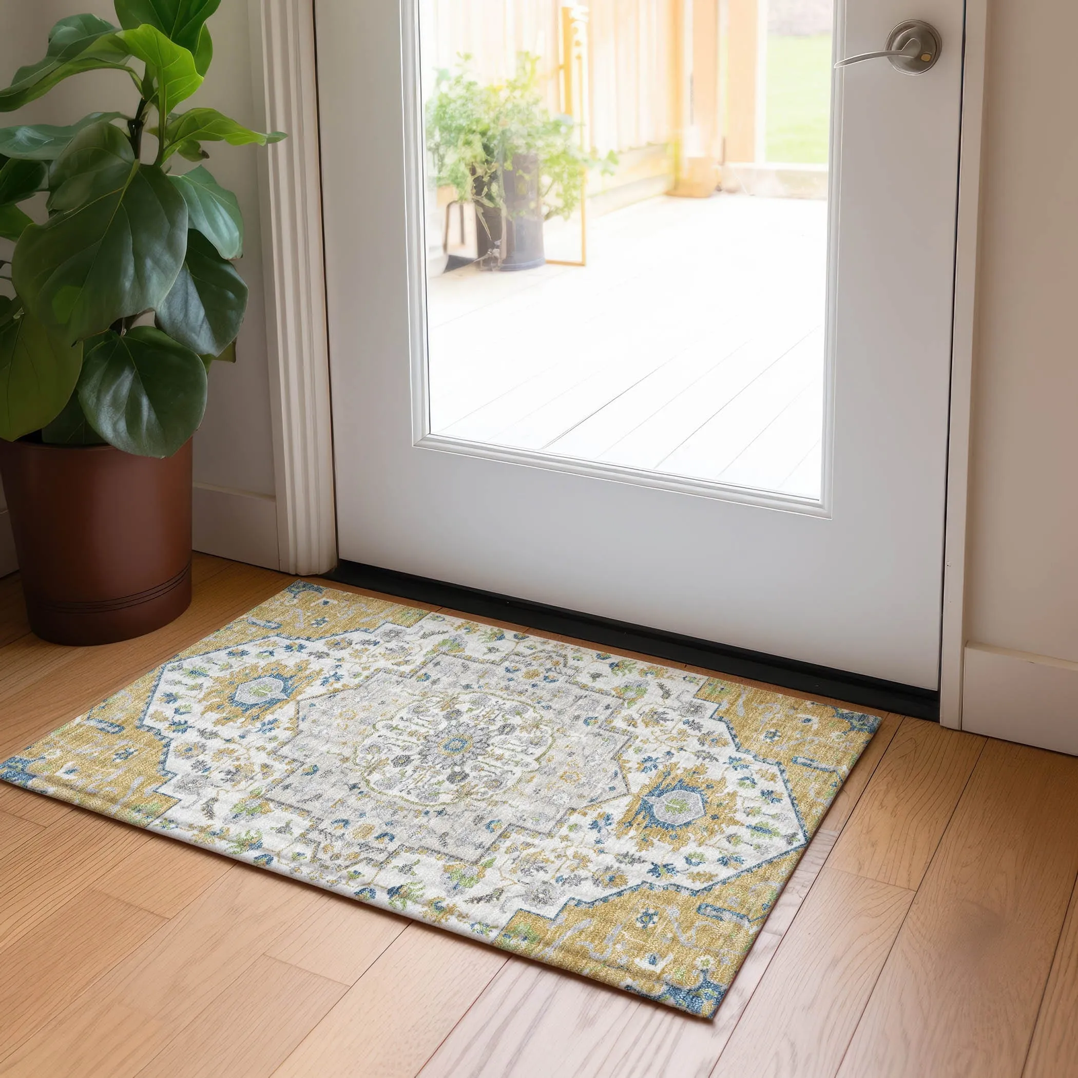 Machine Washable Indoor/ Outdoor Traditional Medallion Chantille Rug