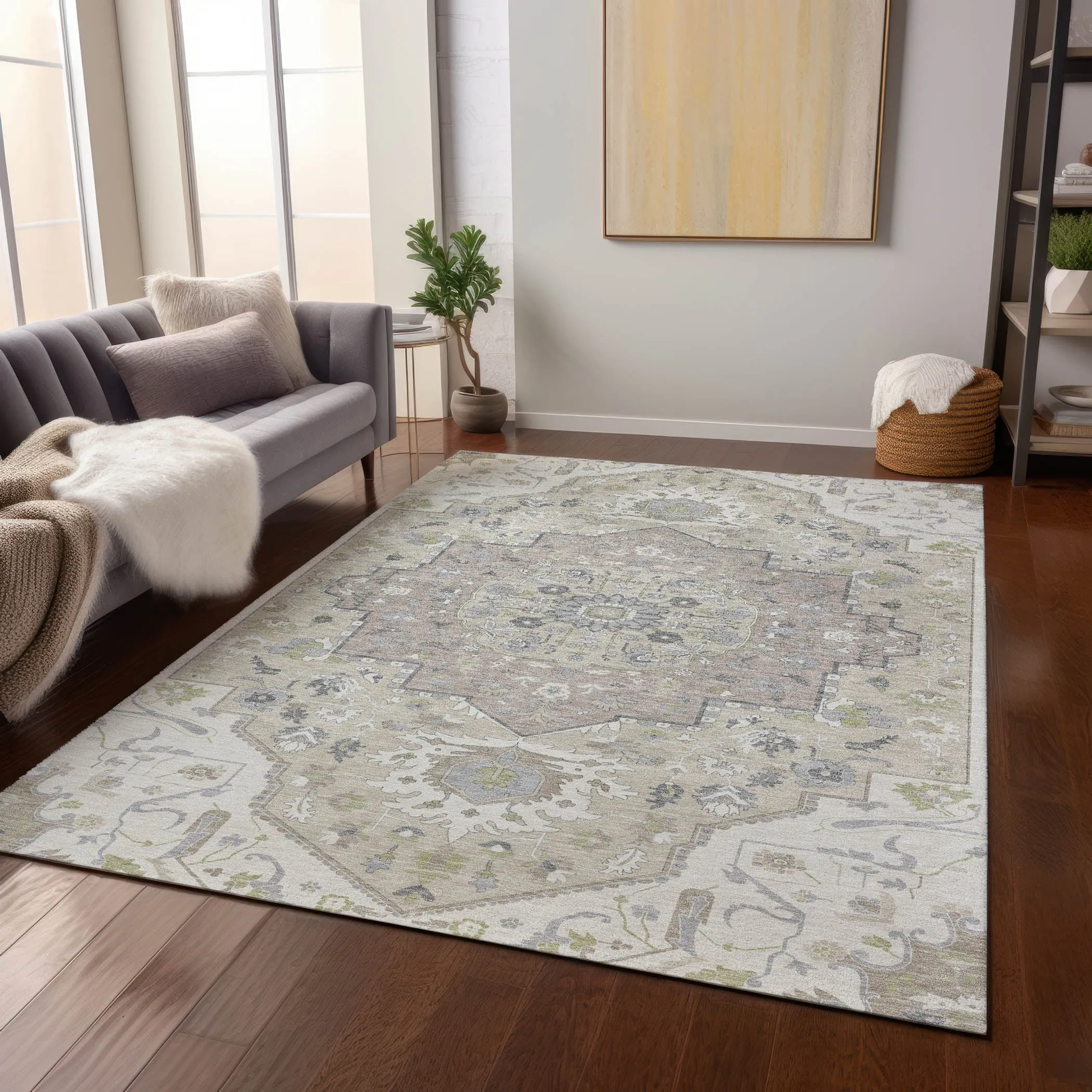 Machine Washable Indoor/ Outdoor Traditional Medallion Chantille Rug