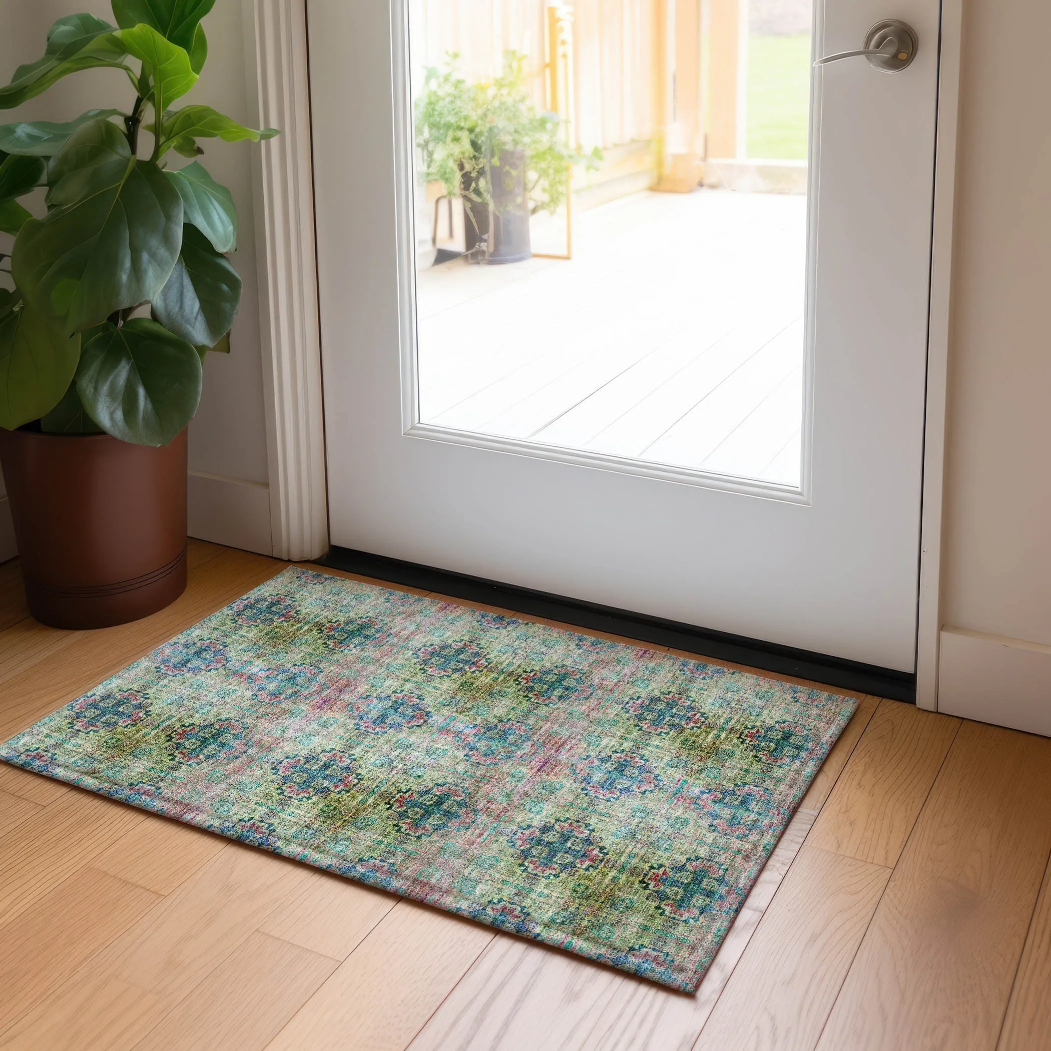Machine Washable Indoor/ Outdoor Vintage Medallions Chantille Rug