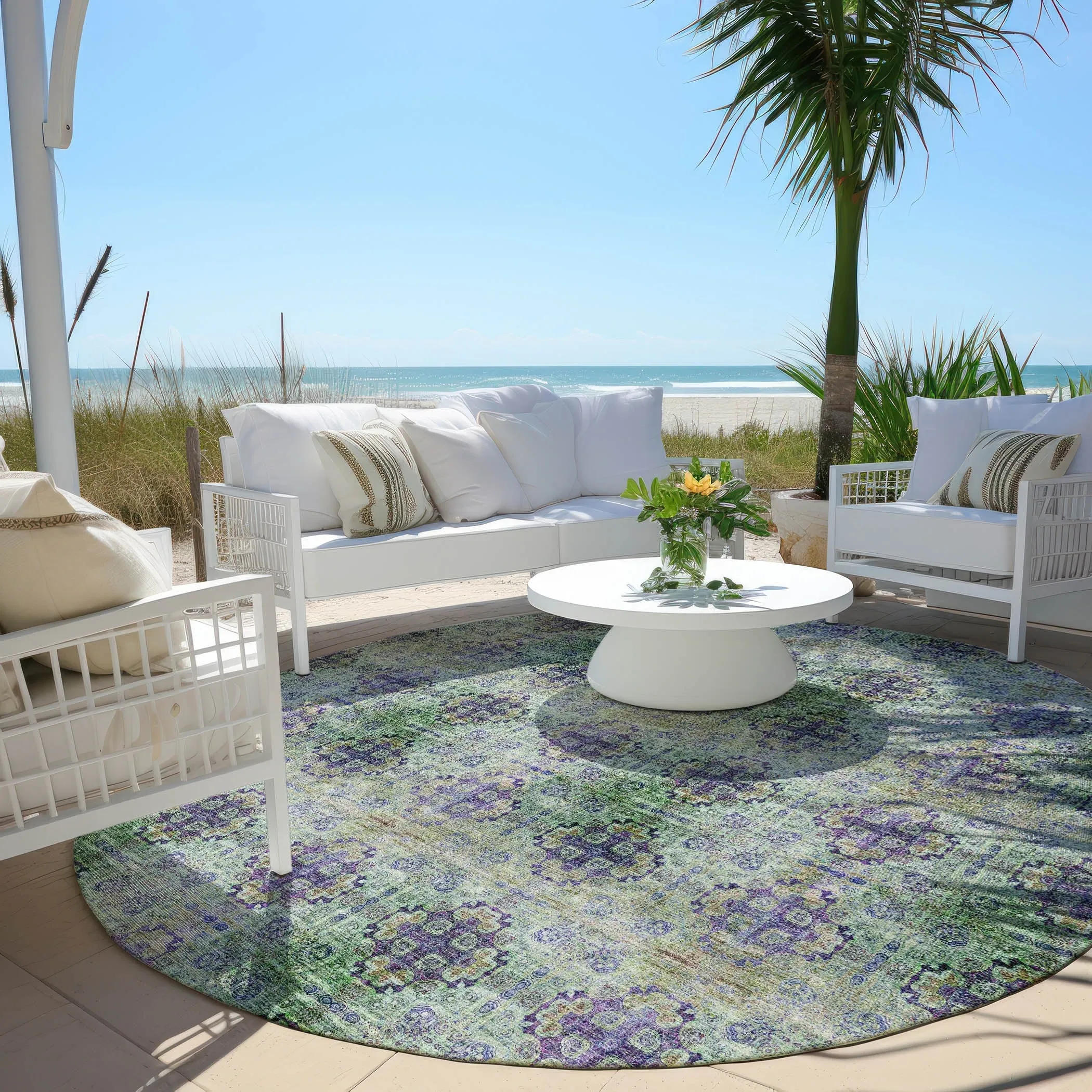 Machine Washable Indoor/ Outdoor Vintage Medallions Chantille Rug
