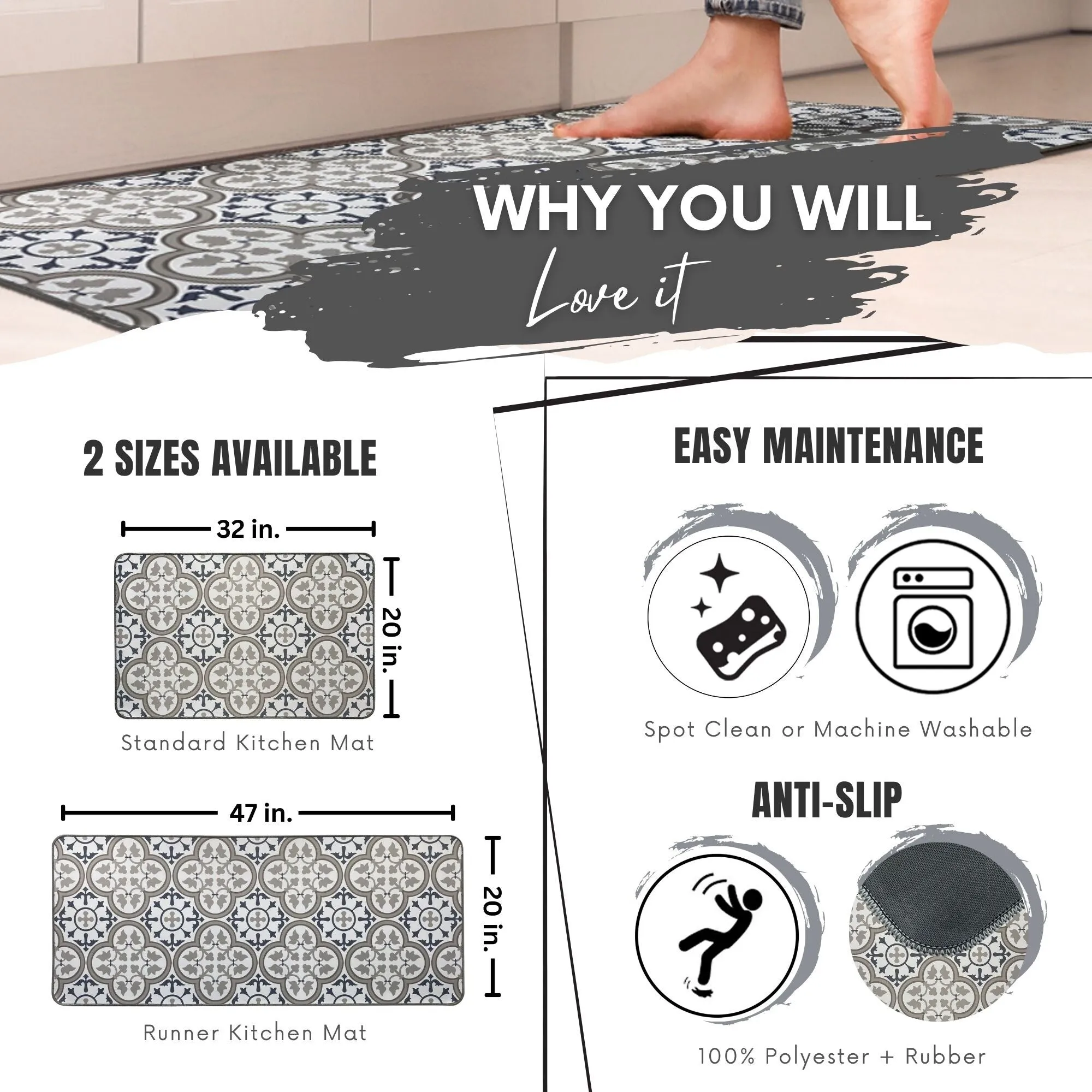Paco Printed Kitchen Floor Mats - Tile Design