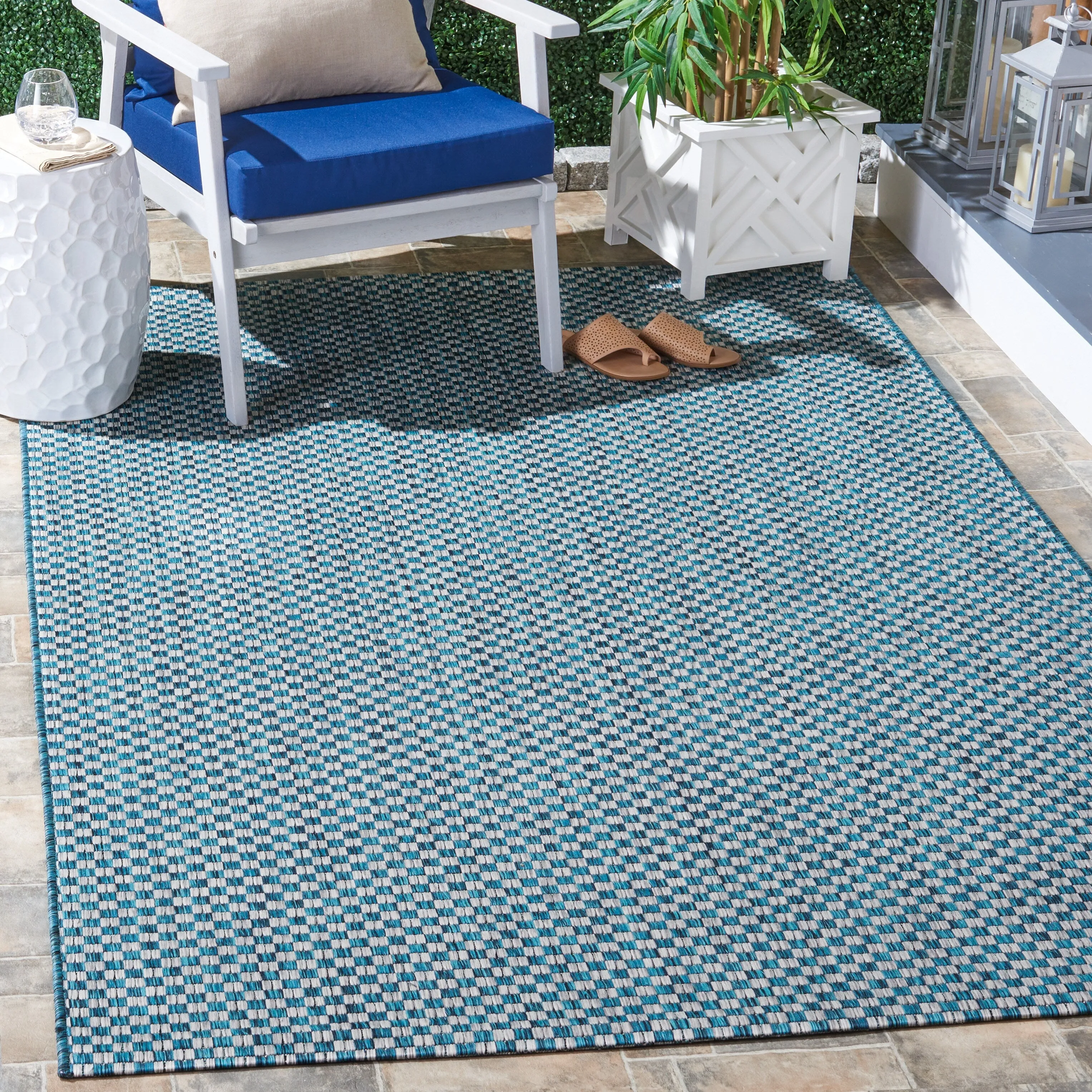 SAFAVIEH Courtyard Judi Indoor/ Outdoor Patio Backyard Rug - Turquoise/Light Grey - 5'3 x 7'7