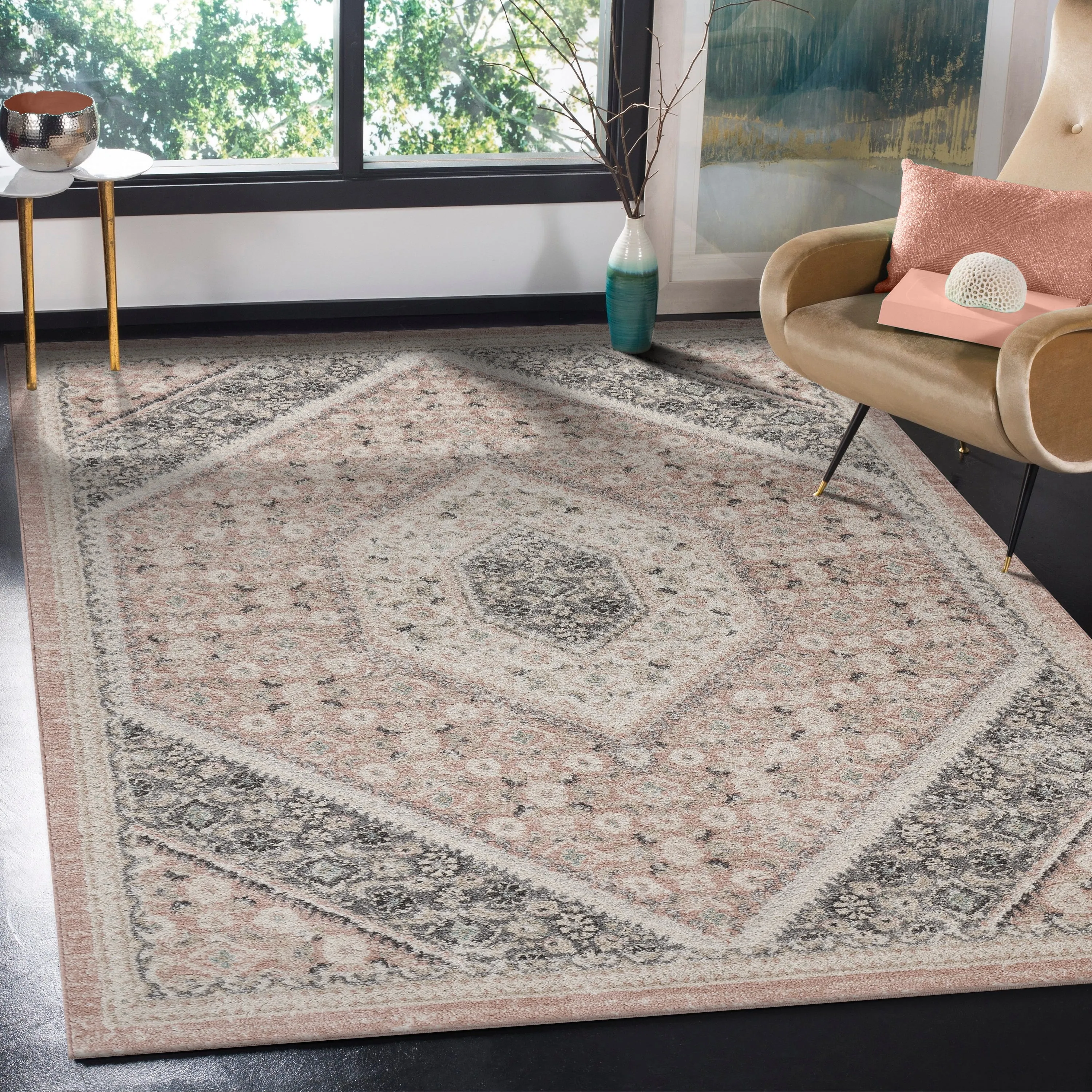 Sevita Soft Pink and Gray Oriental Area Rug