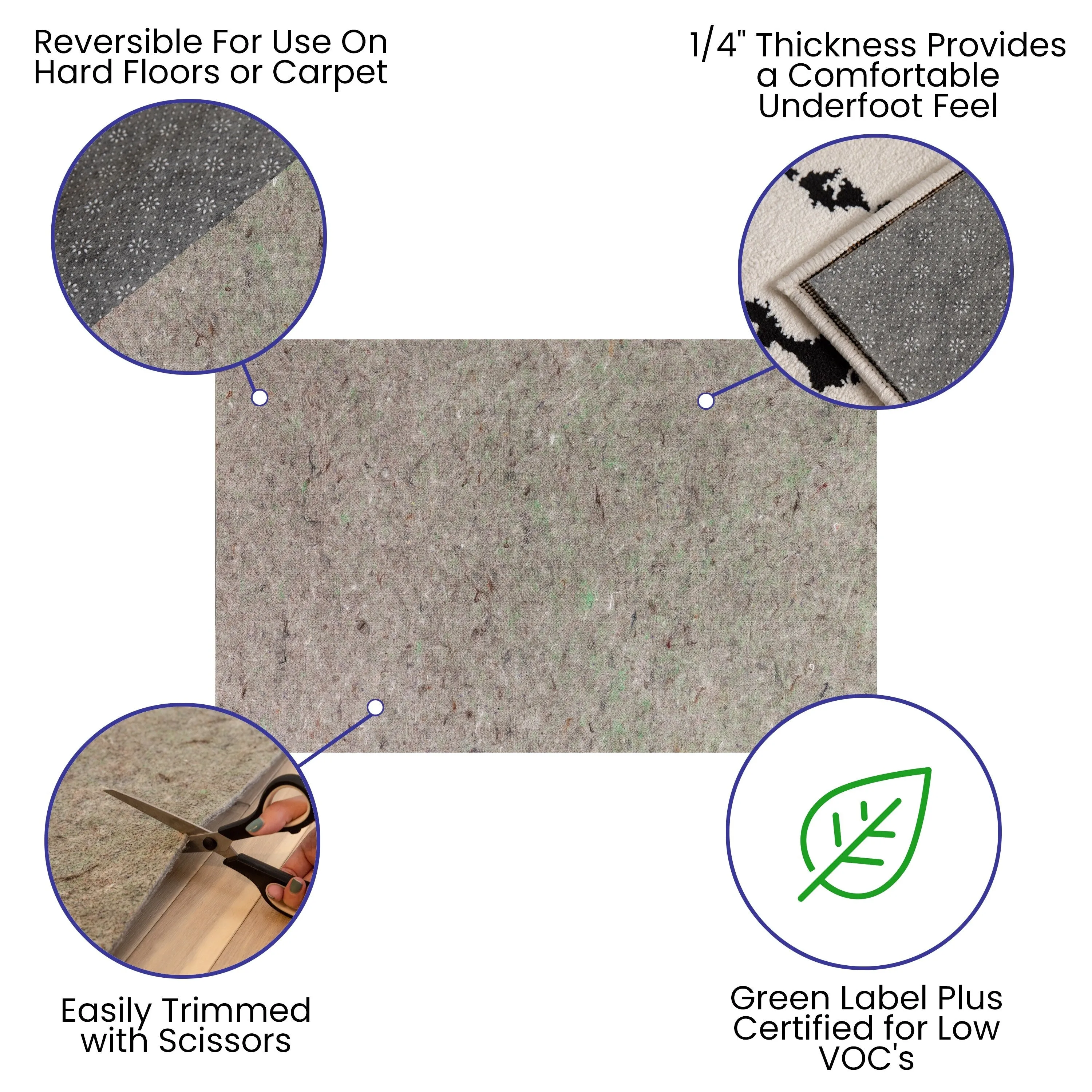 Slide-Stop Multi-Surface Reversible Non-Slip Cushion Rug Pad. 1/4 Thick. Floor Protection. for 4'x6' Area Rug. Gray