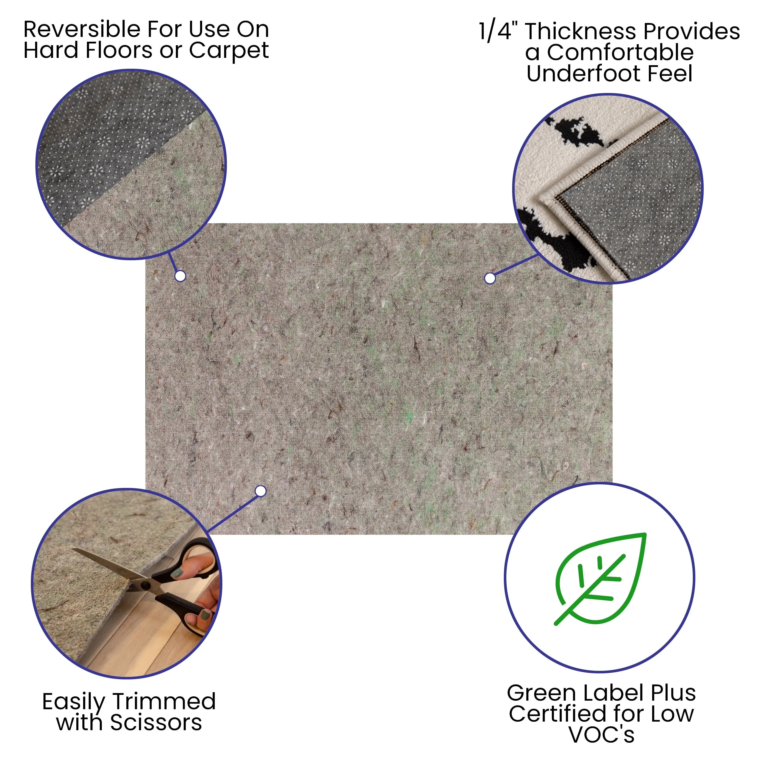 Slide-Stop Multi-Surface Reversible Non-Slip Cushion Rug Pad. 1/4 Thick. Floor Protection. for 4'x6' Area Rug. Gray