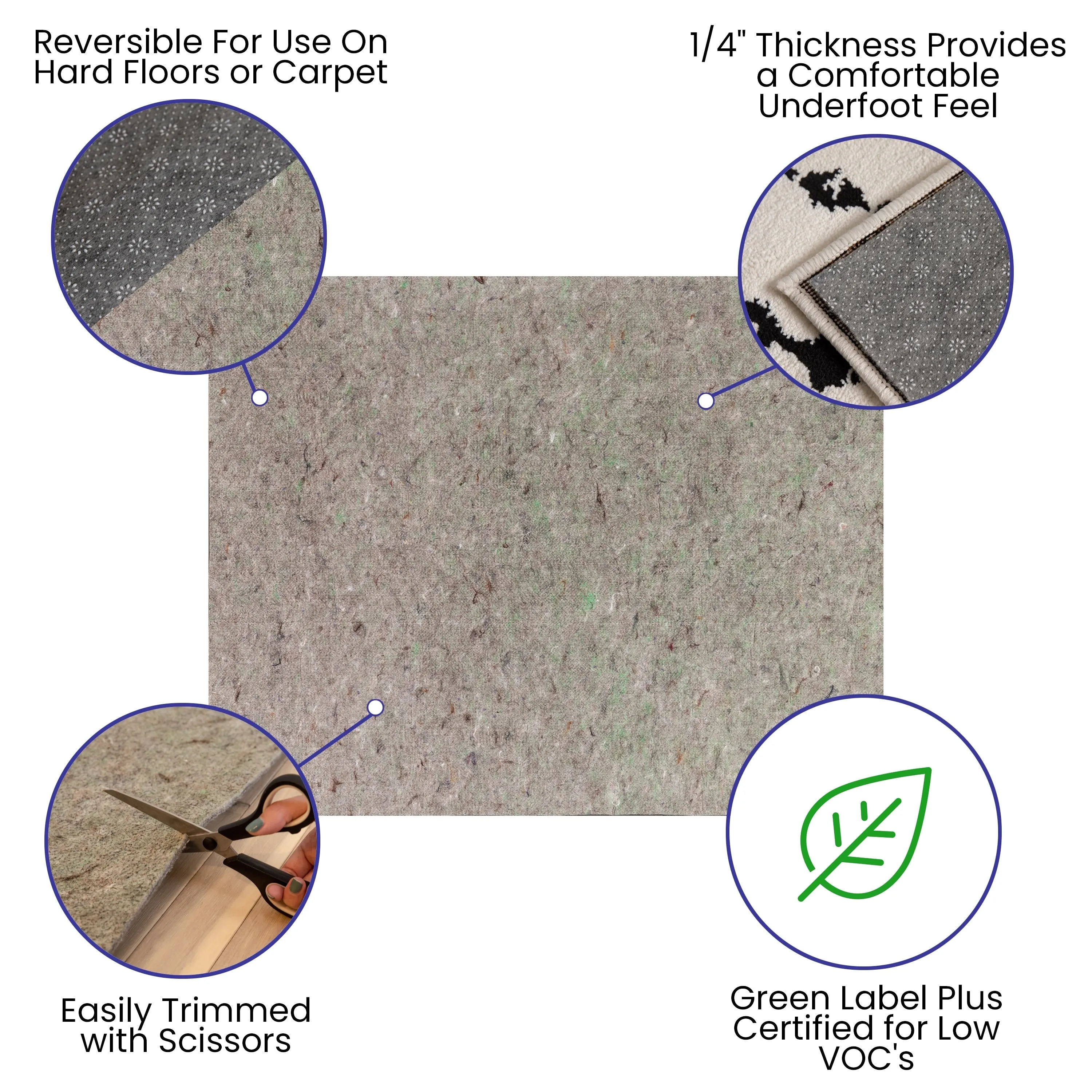 Slide-Stop Multi-Surface Reversible Non-Slip Cushion Rug Pad. 1/4 Thick. Floor Protection. for 4'x6' Area Rug. Gray