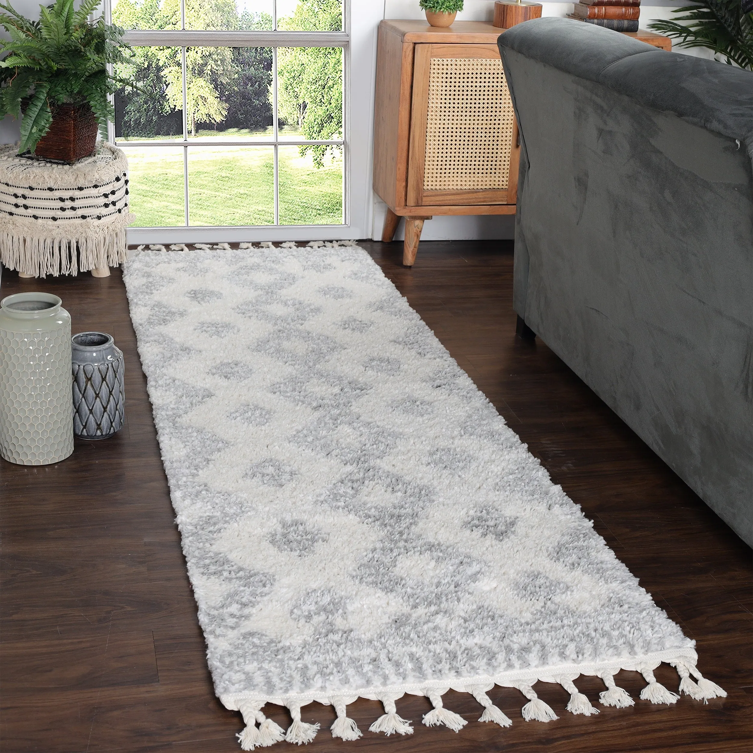 Superior Bohemian Geometric Indoor Plush Shag Area Rug with Tassels