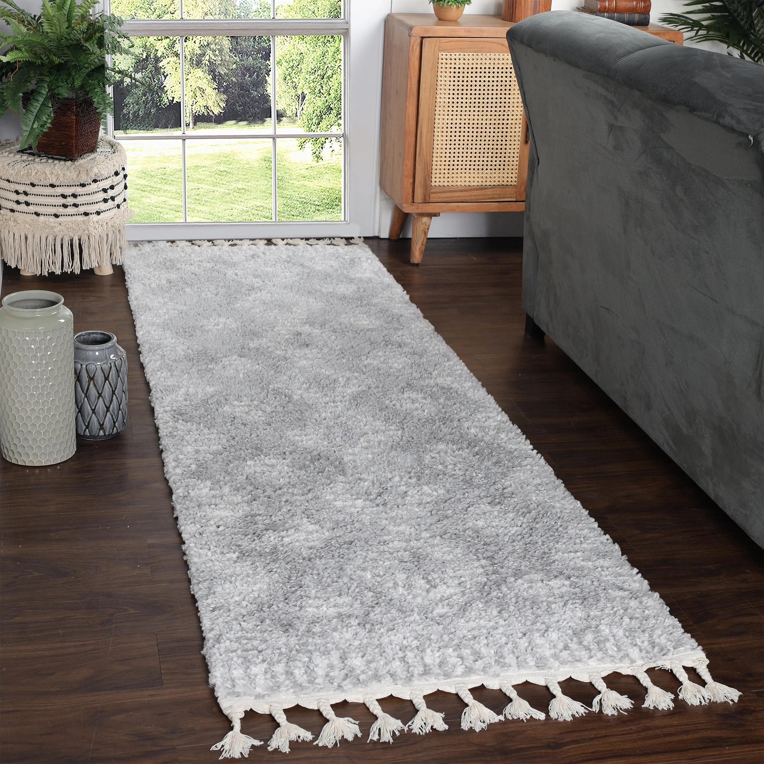 Superior Bohemian Geometric Indoor Plush Shag Area Rug with Tassels