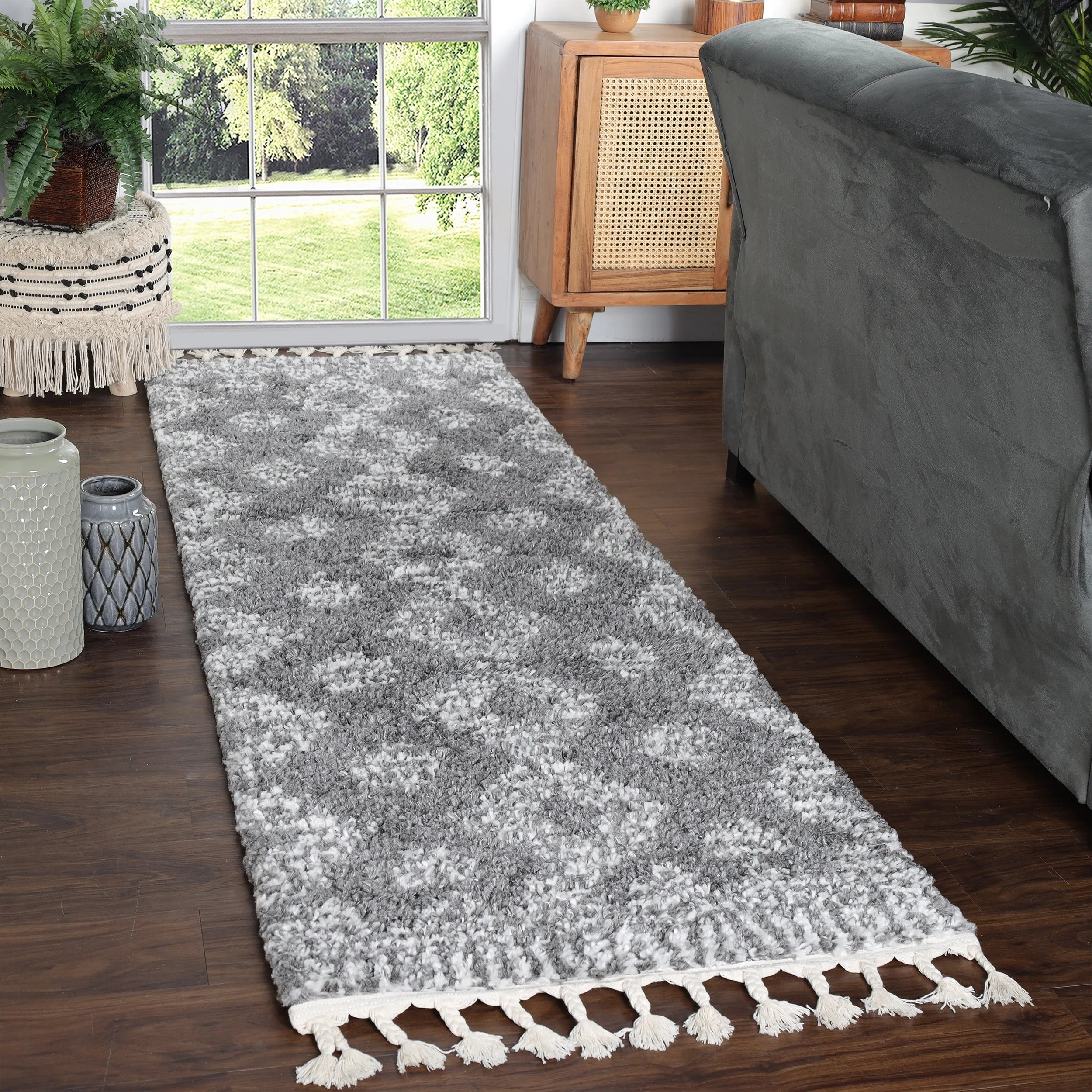 Superior Bohemian Geometric Indoor Plush Shag Area Rug with Tassels